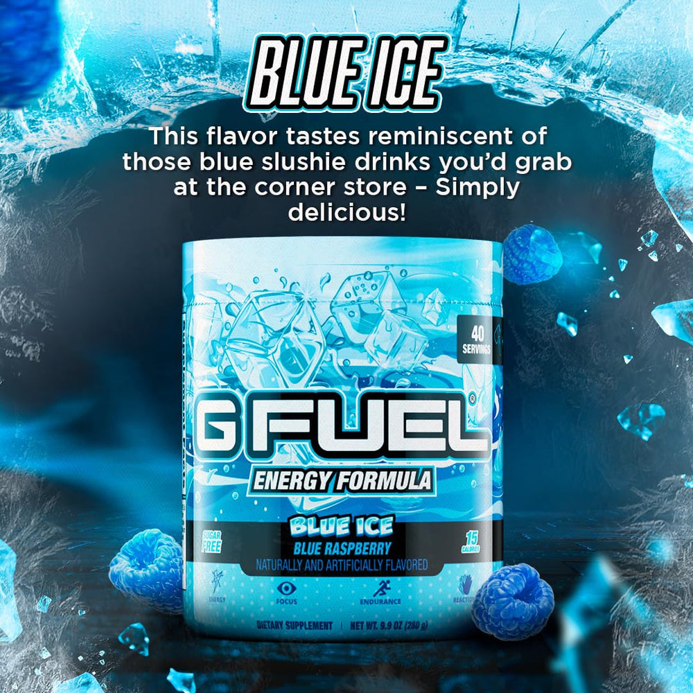 G Fuel Blue Ice close-up highlighting blue color and refreshing taste.
