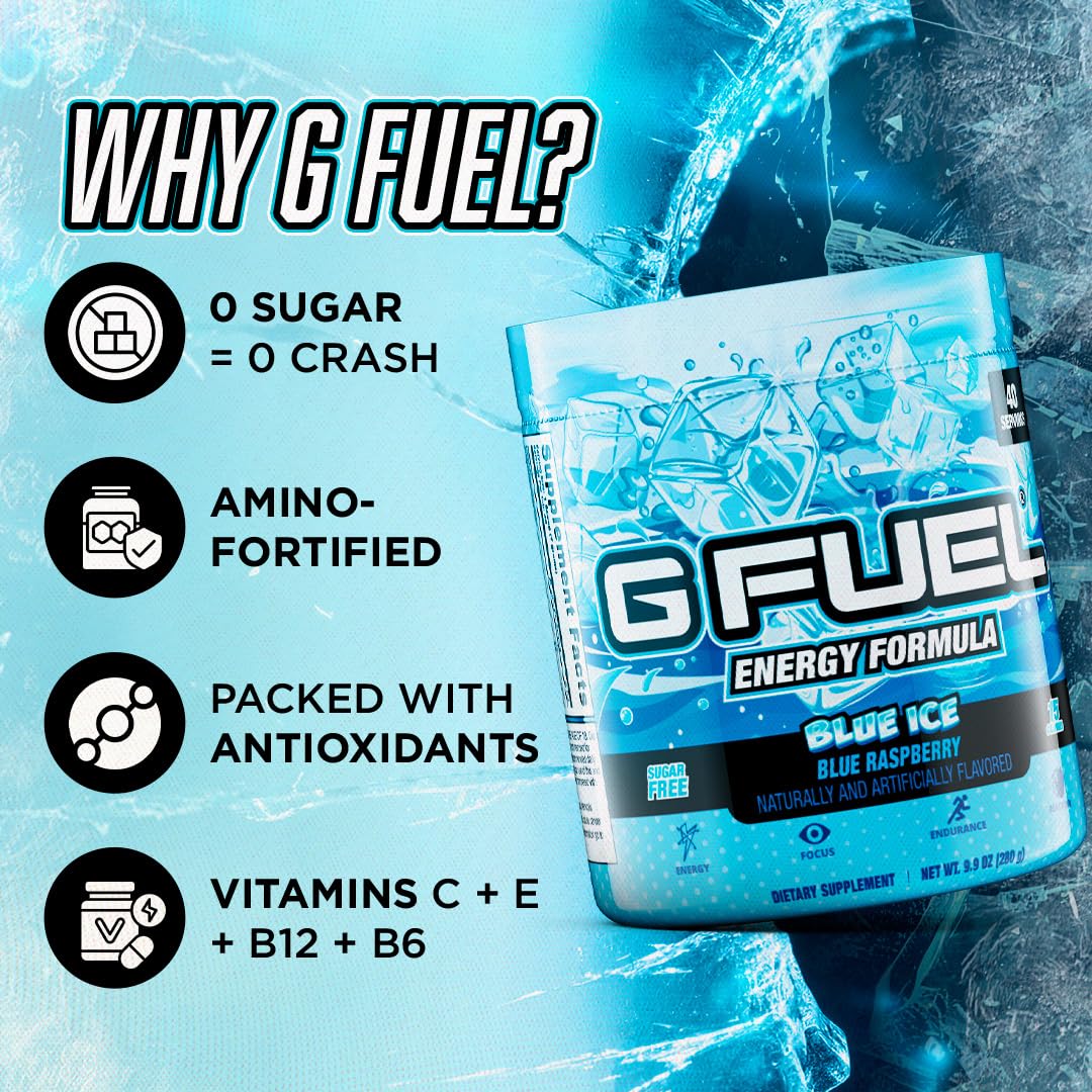 G Fuel Blue Ice label close-up with antioxidants note.