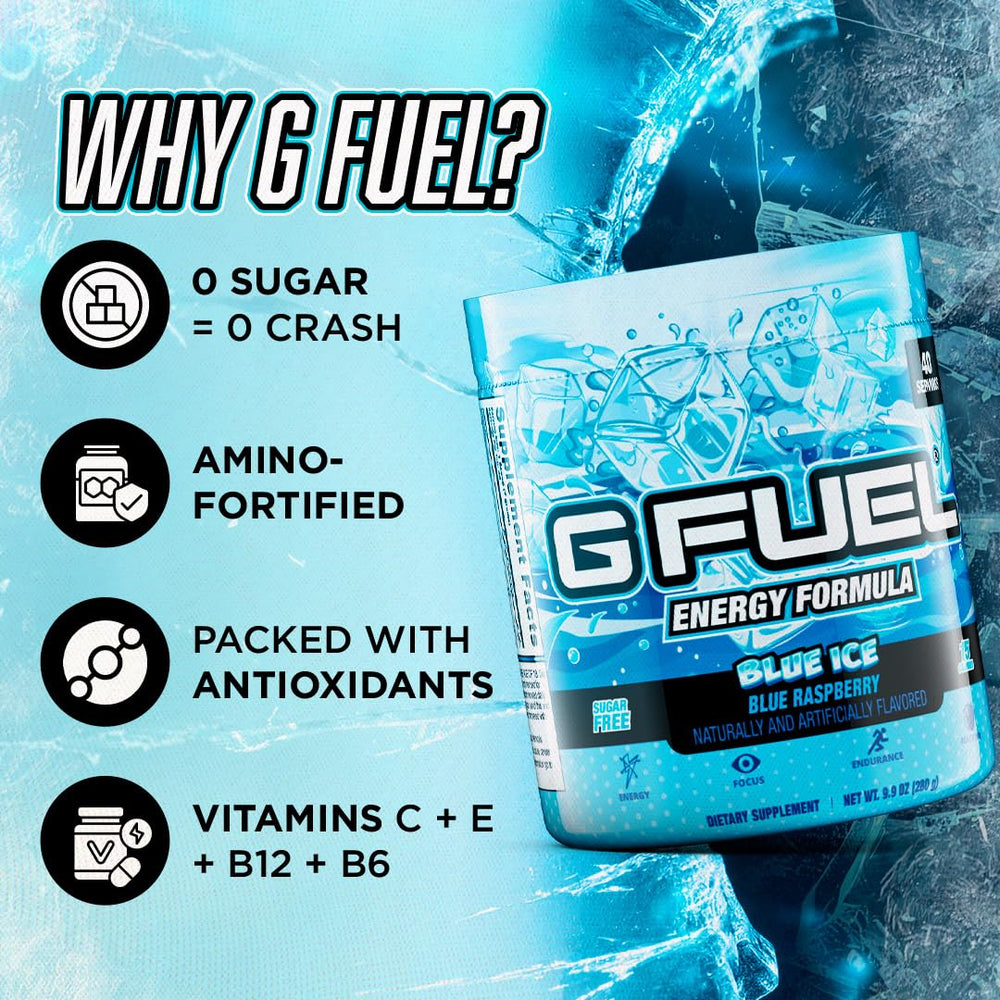 G Fuel Blue Ice label close-up with antioxidants note.