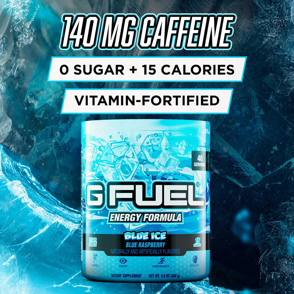 G Fuel Blue Ice powder scoop ready to mix for gaming focus.