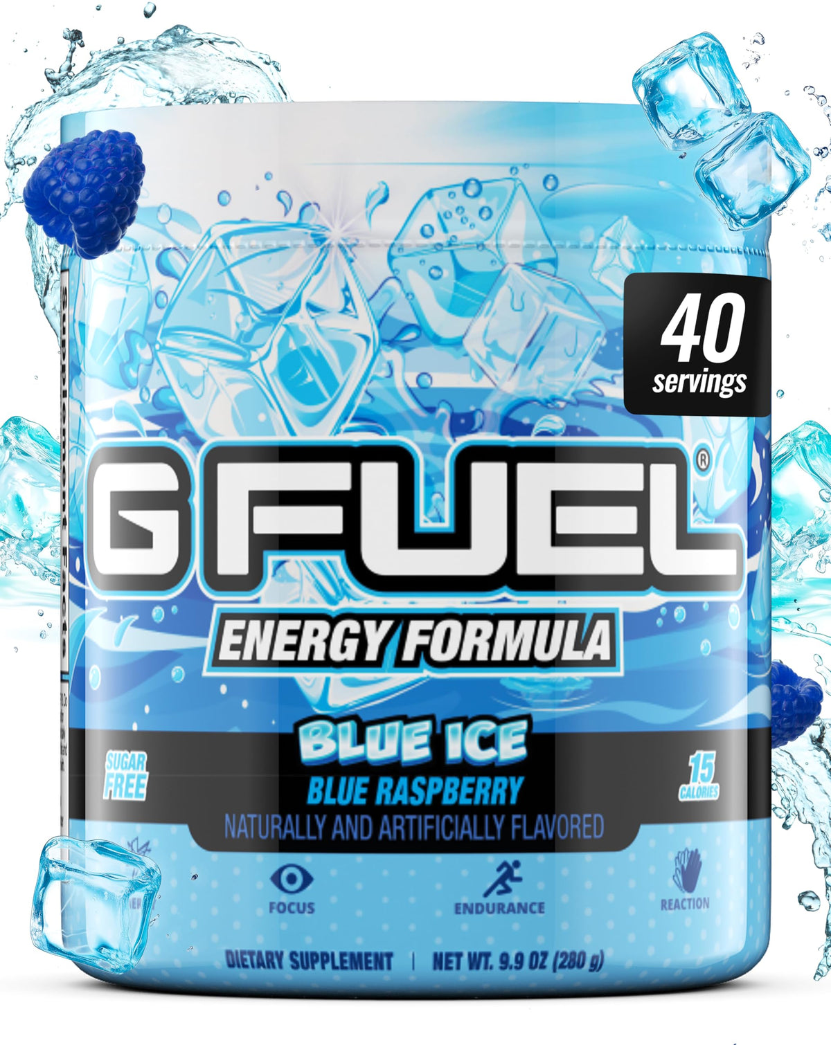 G Fuel Blue Ice tub front showing blue raspberry flavor and clean energy.