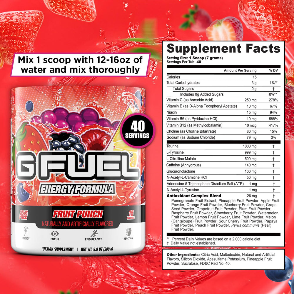 G Fuel Fruit Punch glass demonstrates a refreshing, sugar-free energy boost during play.