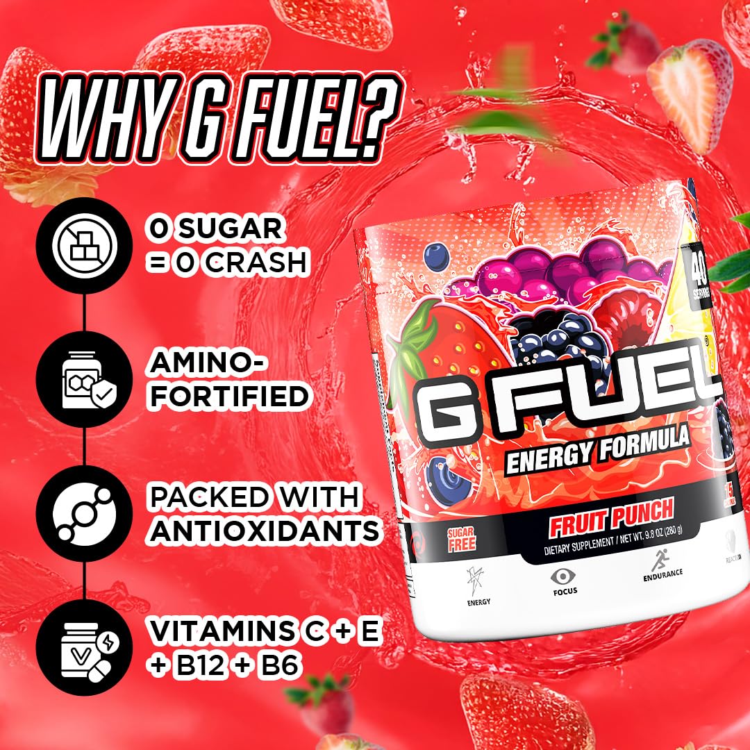 G Fuel Fruit Punch packaging showcases convenient on-the-go energy for gamers.