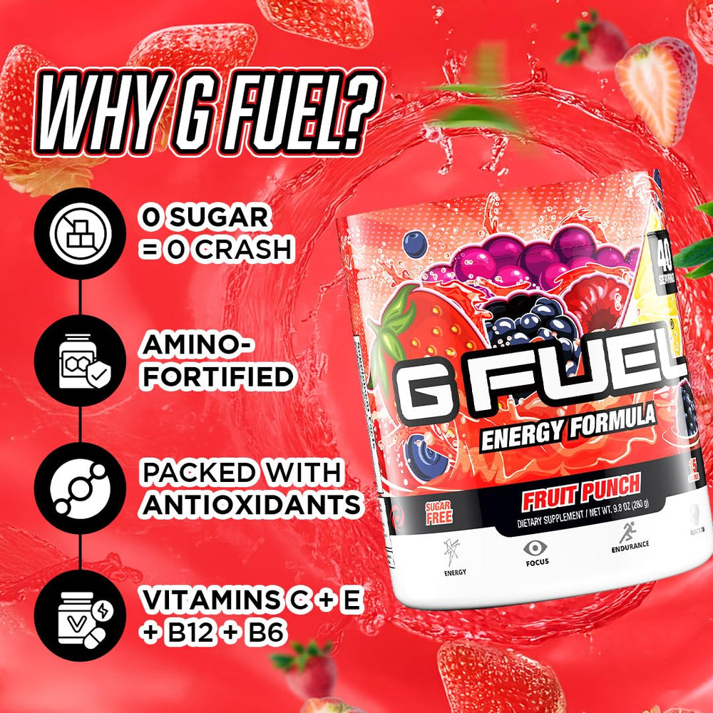 G Fuel Fruit Punch packaging showcases convenient on-the-go energy for gamers.