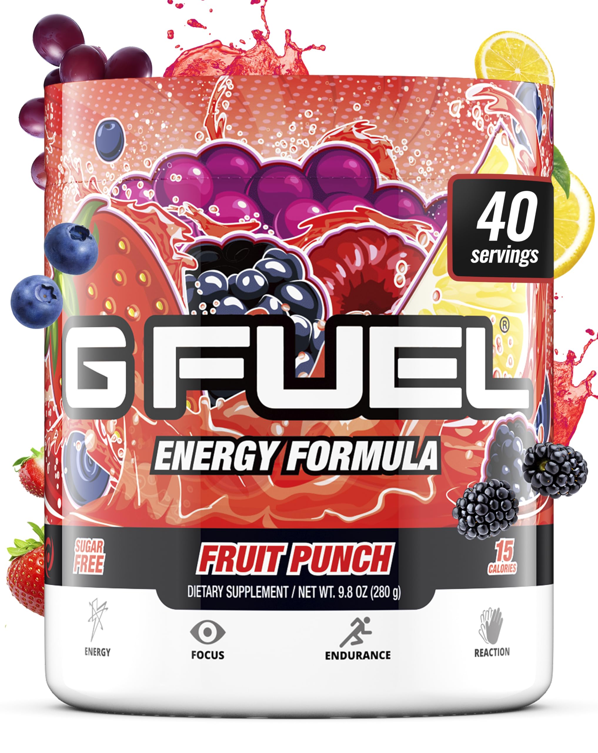 G Fuel Fruit Punch tub front communicates clean energy for gaming sessions.