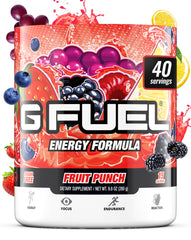 G Fuel Fruit Punch tub front communicates clean energy for gaming sessions.