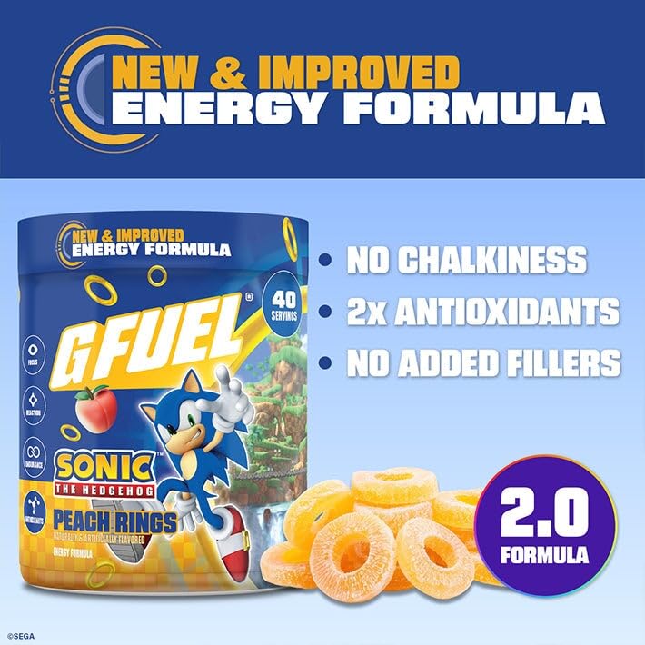 Close-up of G Fuel Sonic 2.0 Peach Rings bottle label highlighting antioxidants.