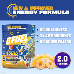 Close-up of G Fuel Sonic 2.0 Peach Rings bottle label highlighting antioxidants.