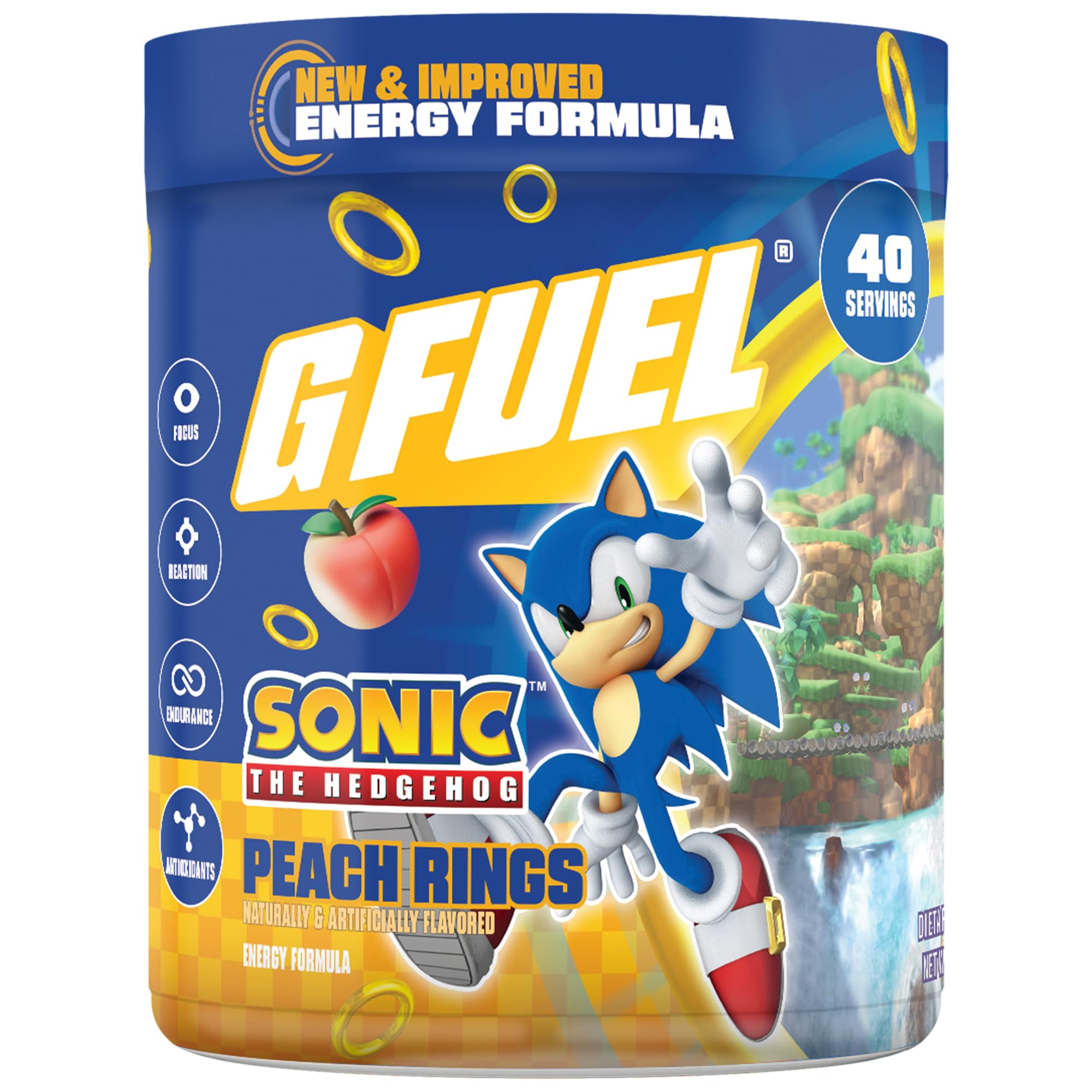 G Fuel Sonic 2.0 Peach Rings canister with powder for clean energy during gaming.