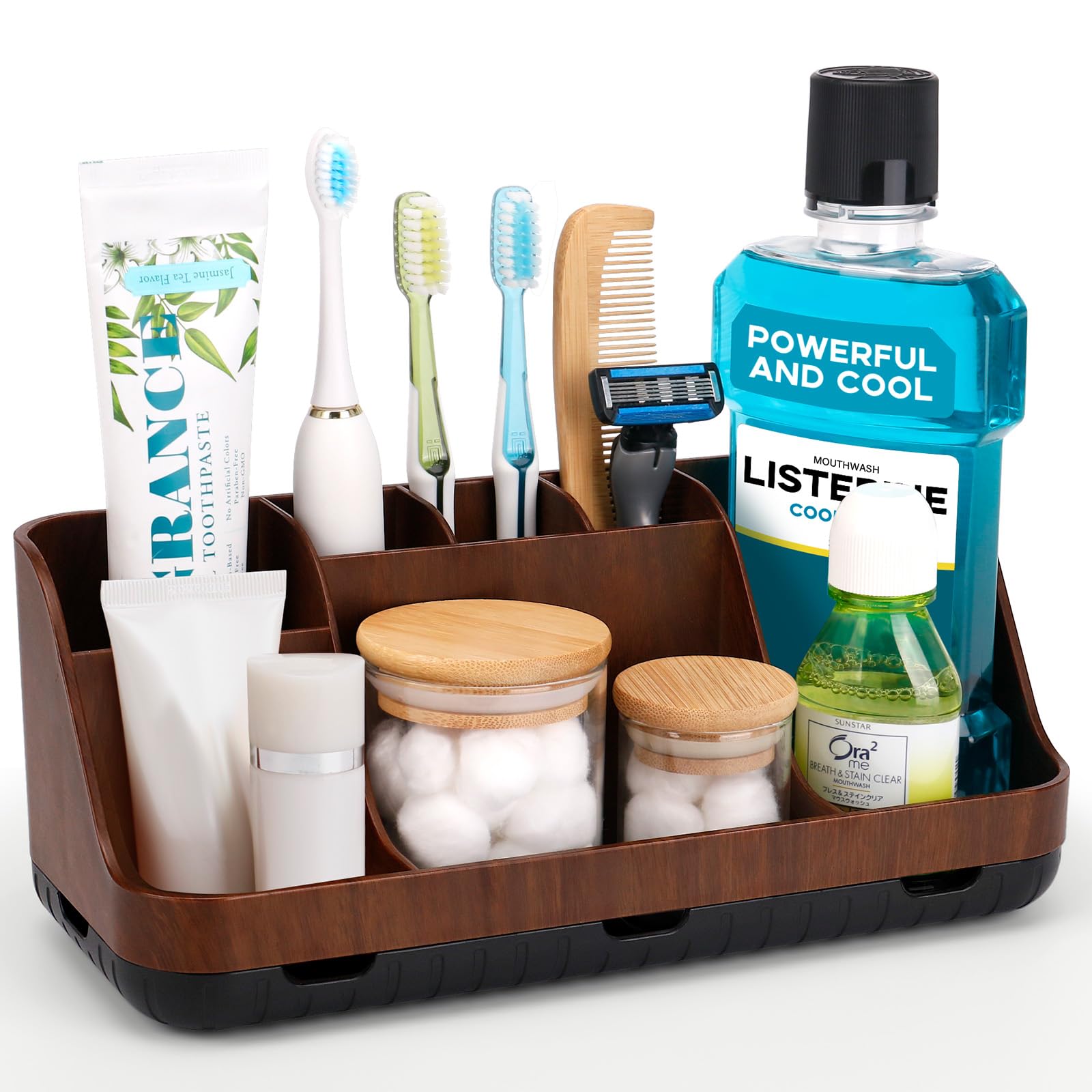 GFWARE wood toothbrush holder on bathroom counter with 7 slots to reduce clutter