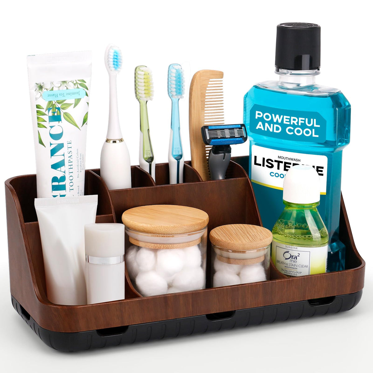 GFWARE wood toothbrush holder on bathroom counter with 7 slots to reduce clutter