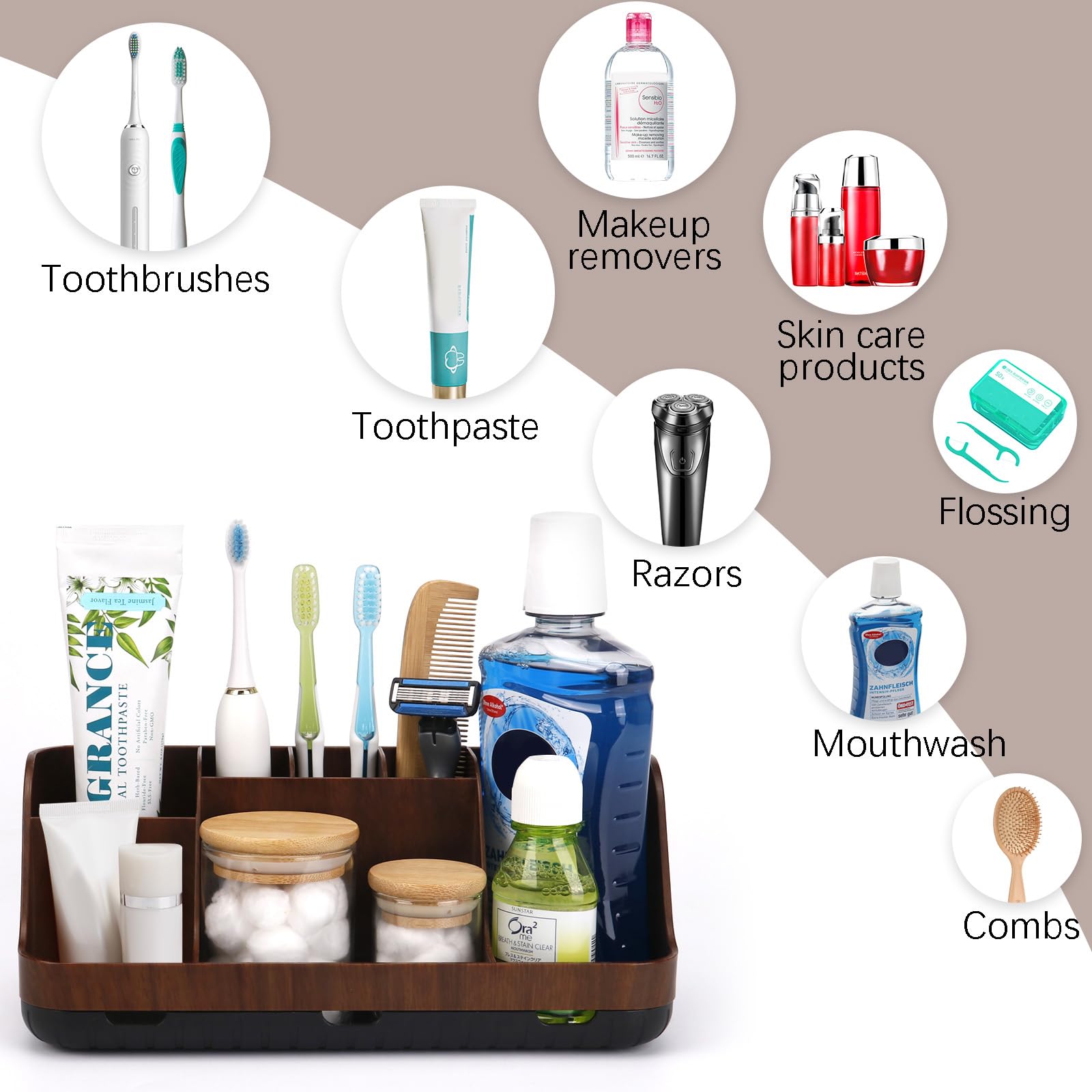 GFWARE wooden bathroom organizer fits countertops and vanities, maximizing storage space