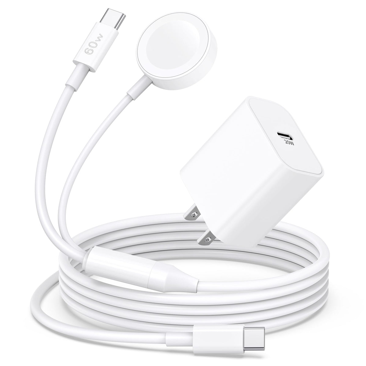GGFim upgraded 2-in-1 watch charger with 6ft cable for convenient iPhone and iWatch charging.