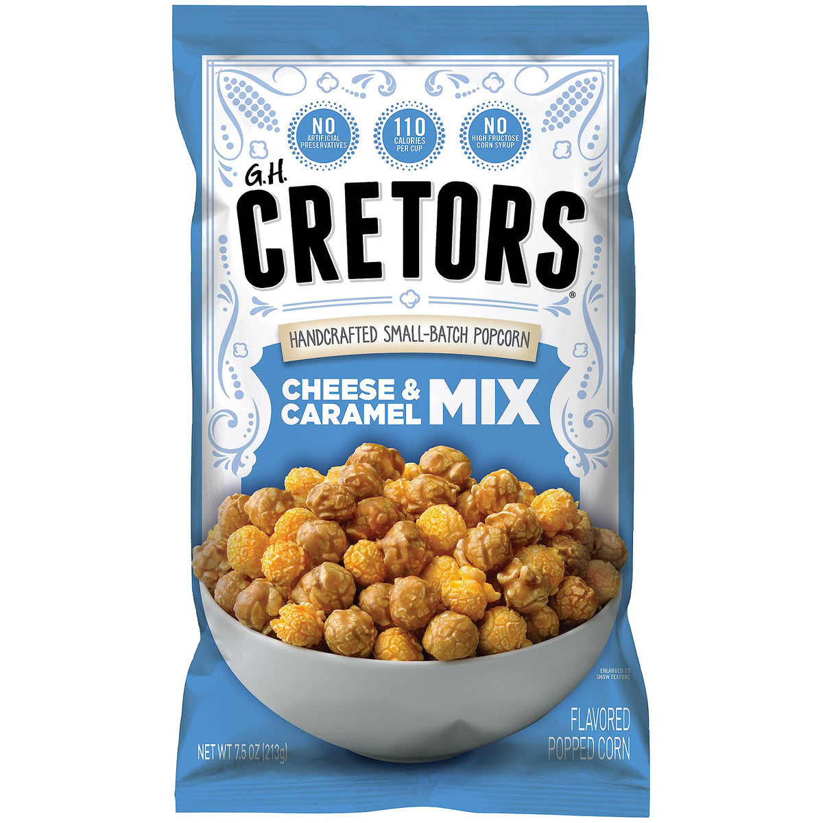 G.H. Cretors Cheese & Caramel Popcorn 6-pack front view, ideal for sharing.