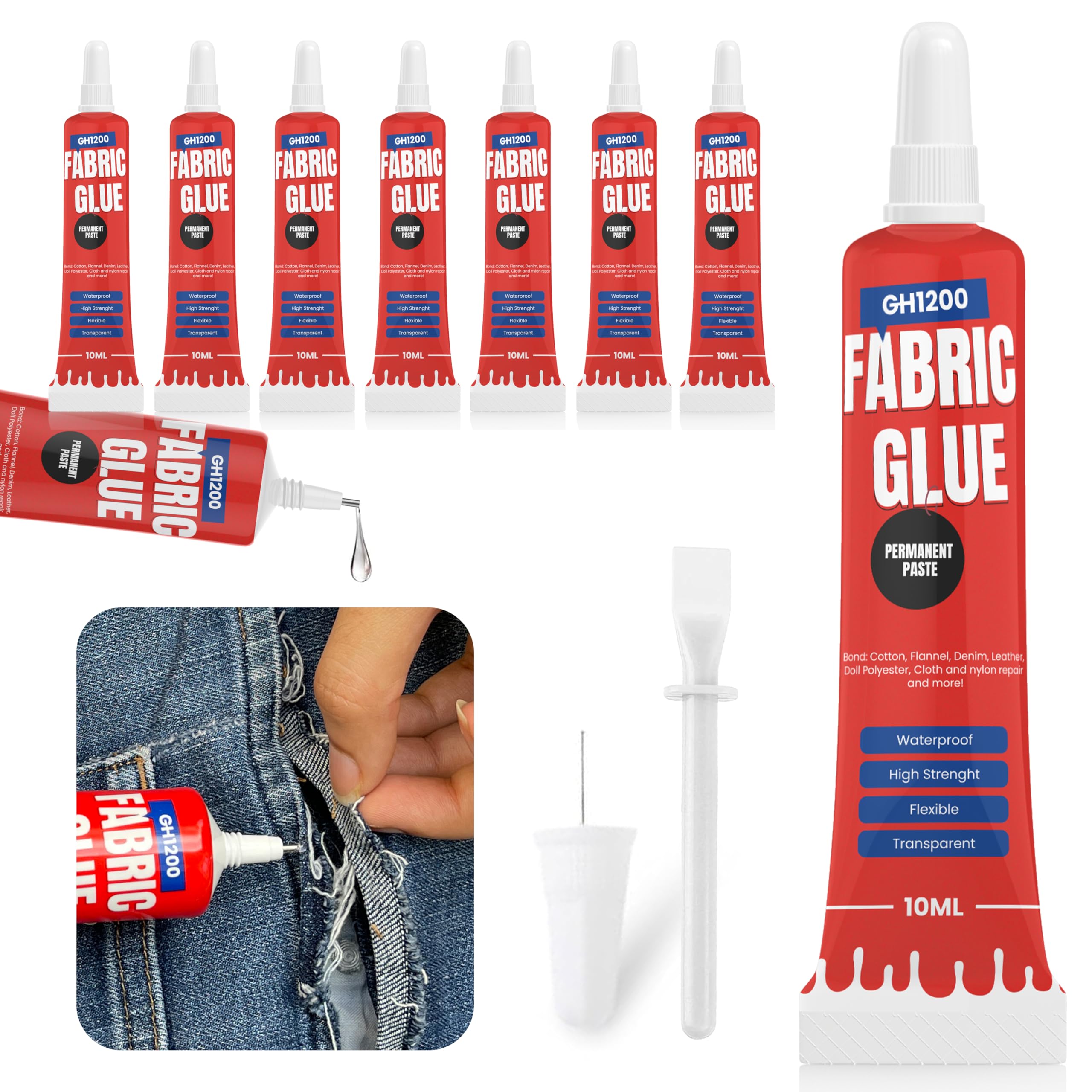 GH1200 Fabric Glue tube close-up, clear-drying bond for fabrics.
