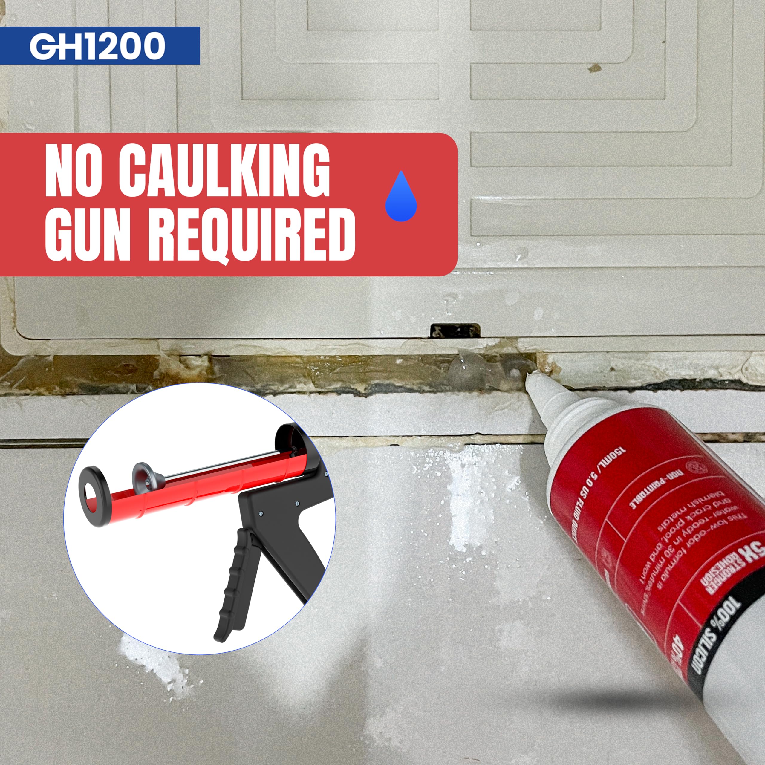 GH1200 silicone sealant on glass surface for moisture protection.