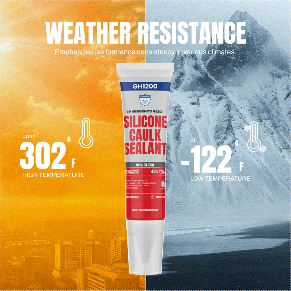 GH1200 White sealant surface-compatibility bonds to glass, wood, tile, metal.