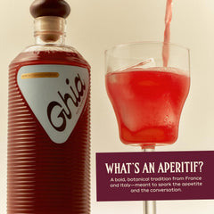 Ghia aperitif bottle with green garnish evokes Mediterranean sipping ritual.