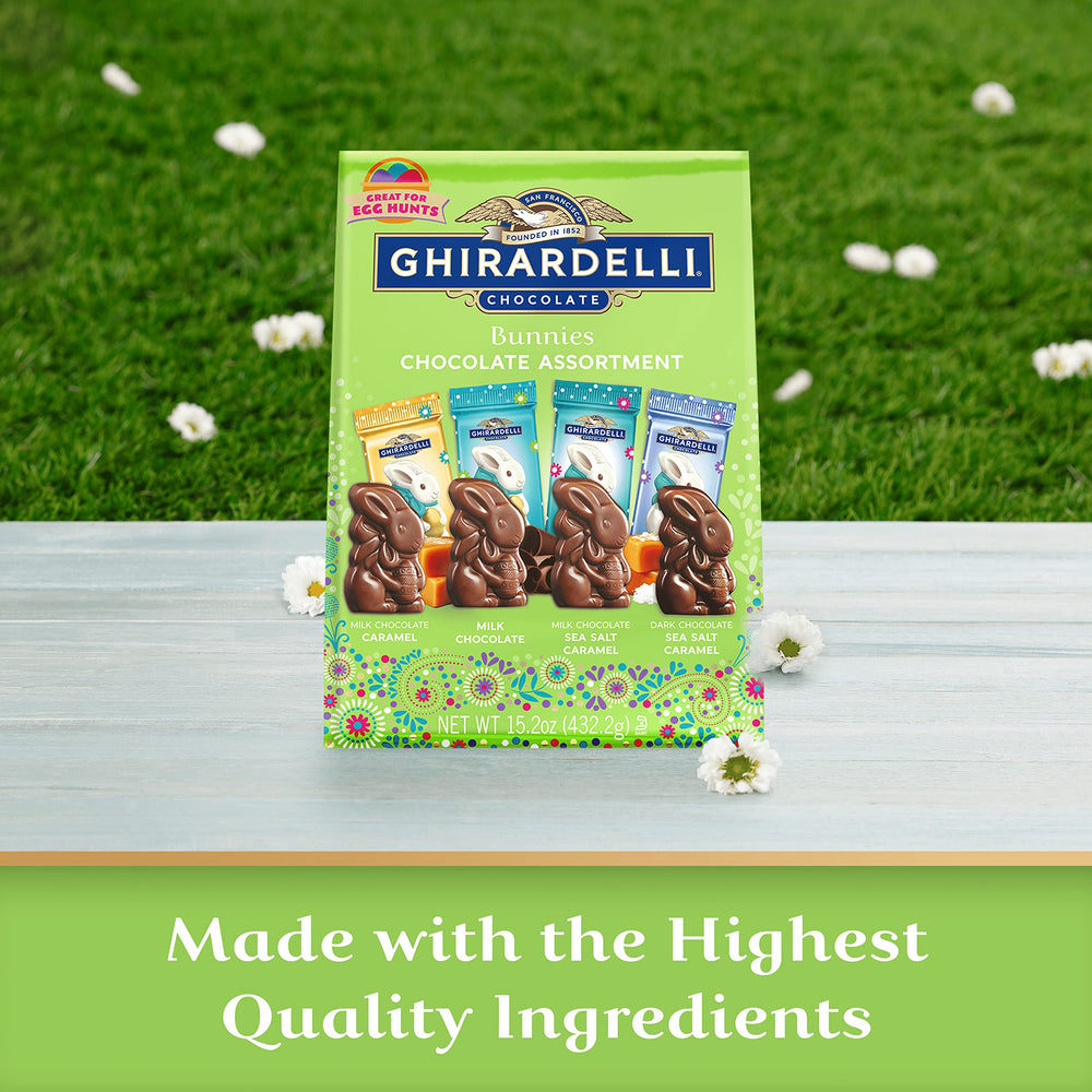 Ghirardelli Bunnies Dark Chocolate Sea Salt Caramel detail with shiny wrappers