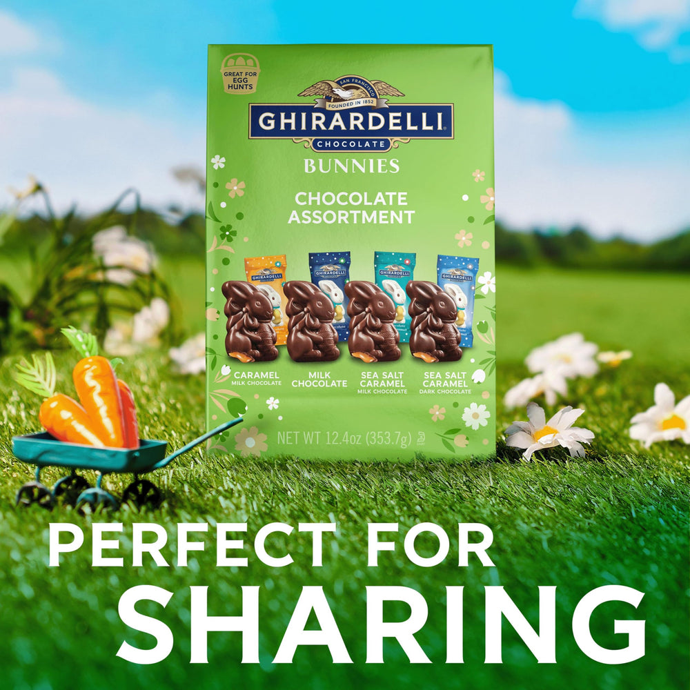 Festive spring-wrapped Ghirardelli Bunnies ready for gifting or sharing