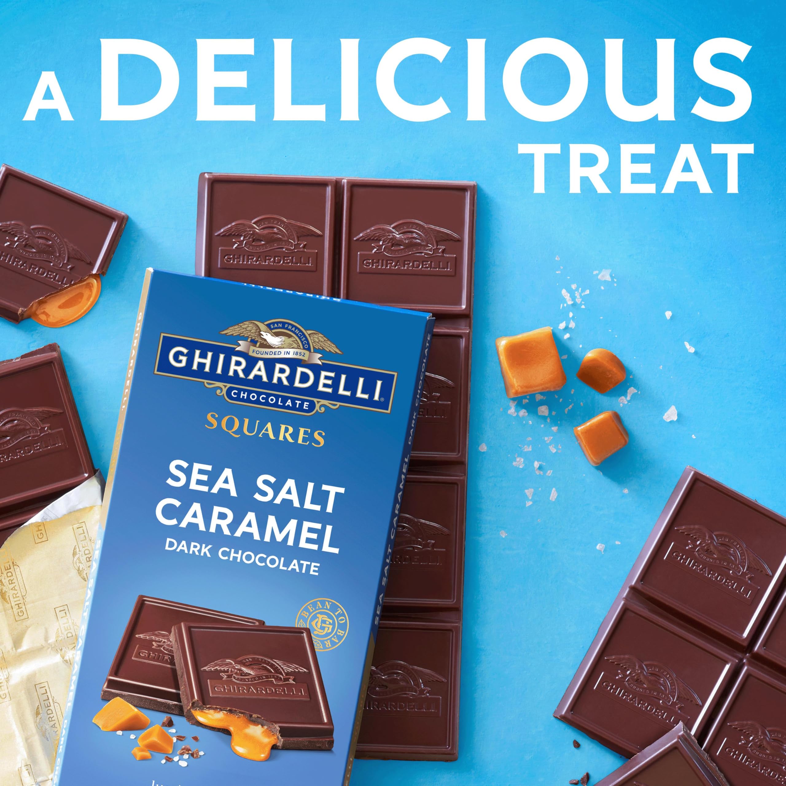 GHIRARDELLI dark chocolate against caramel contrast invites savoring