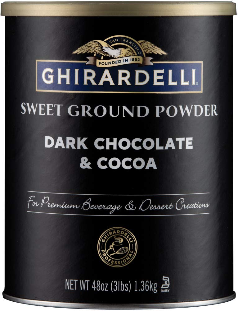 Ghirardelli dark chocolate cocoa powder packaging view for premium beverages and desserts