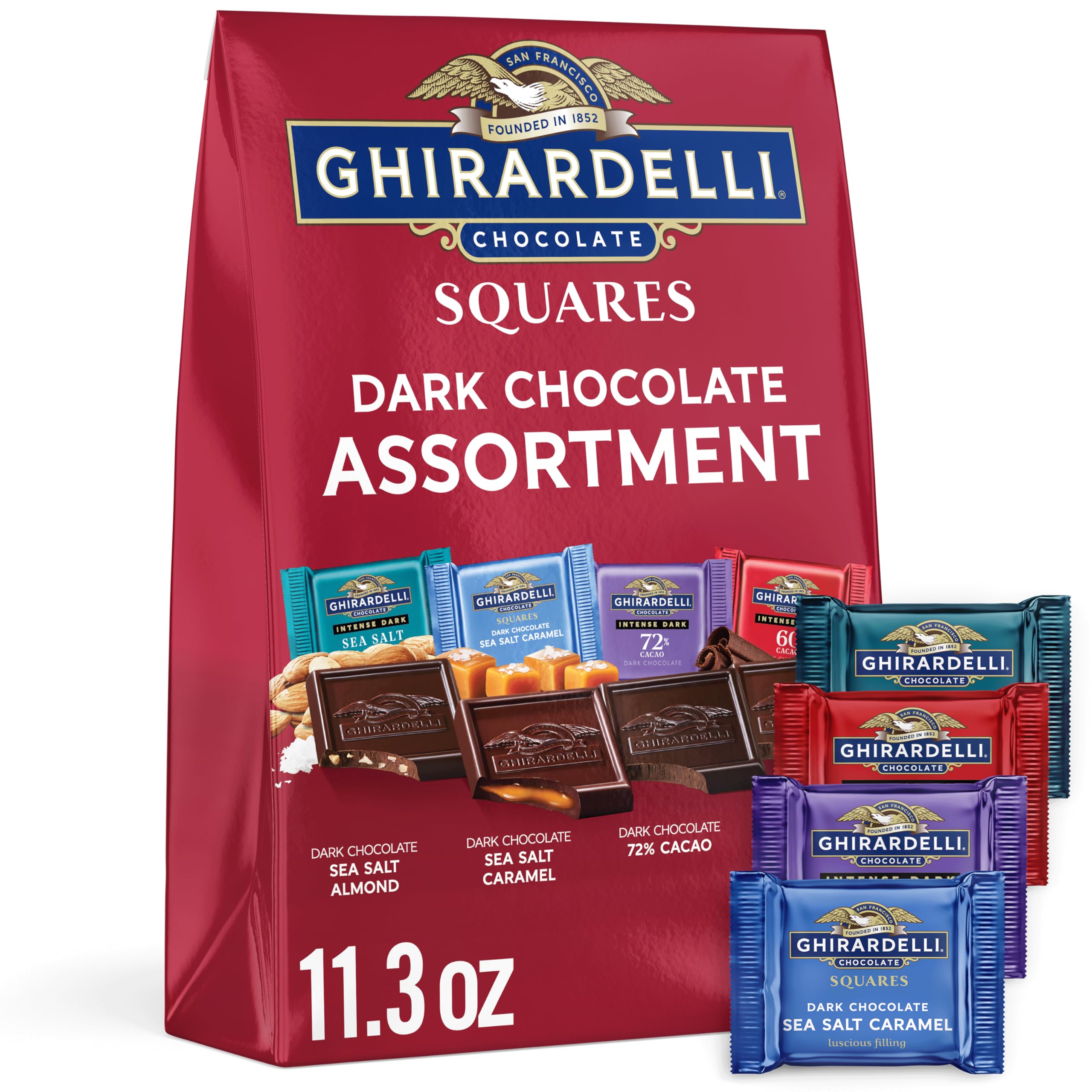 Ghirardelli dark chocolate squares assortment bags showcase premium indulgence for gatherings.