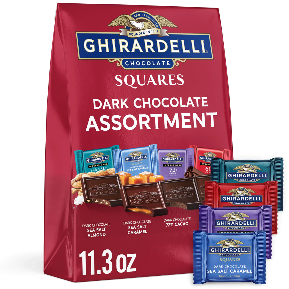 Ghirardelli dark chocolate squares assortment bags showcase premium indulgence for gatherings.