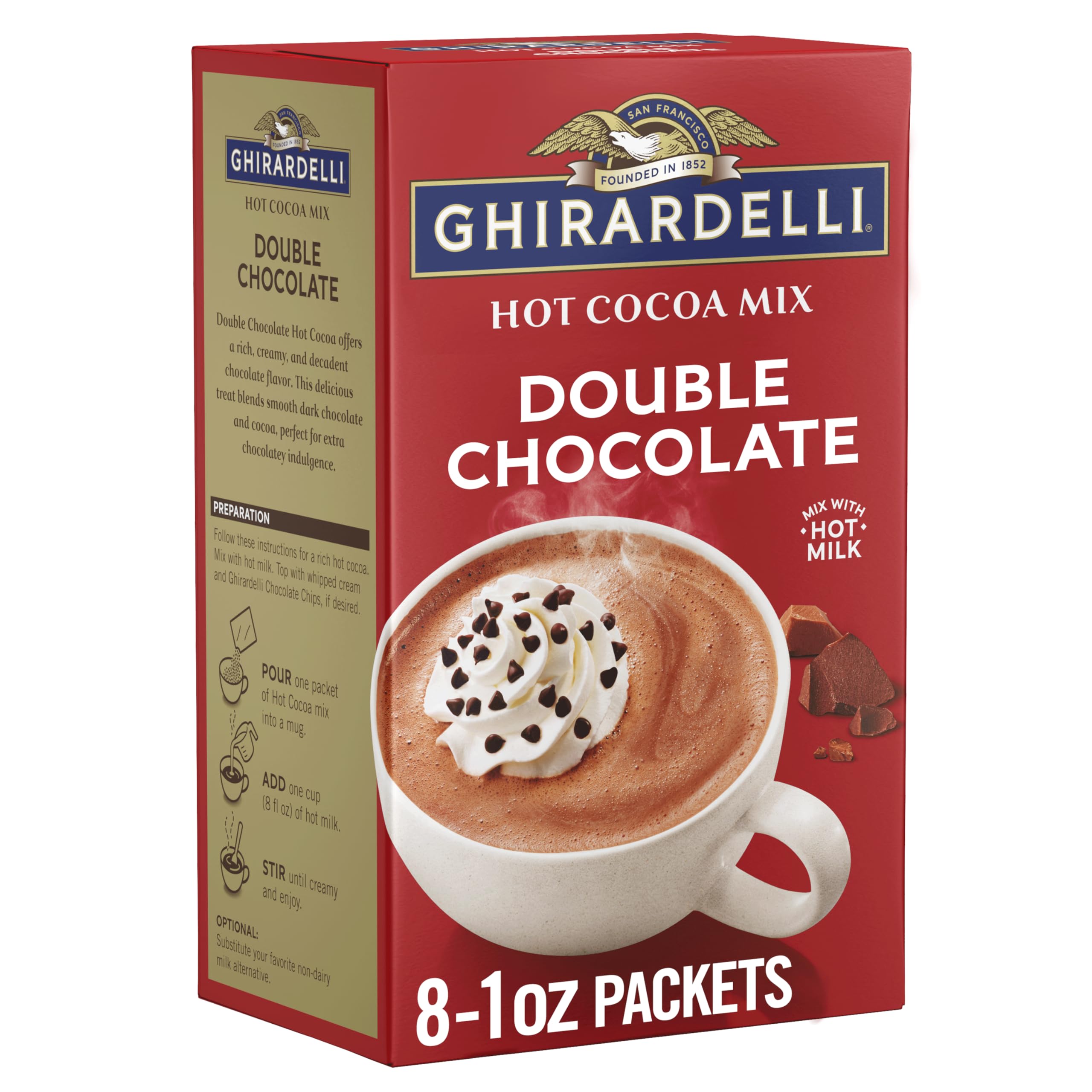 Ghirardelli eight-pack packaging for quick indulgent cocoa moments