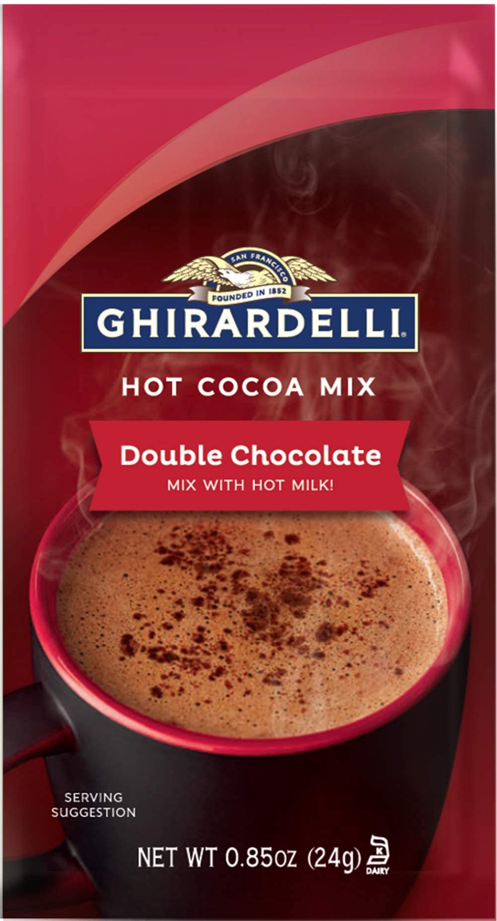 Ghirardelli hot cocoa in a mug, steam rising for a comforting moment.