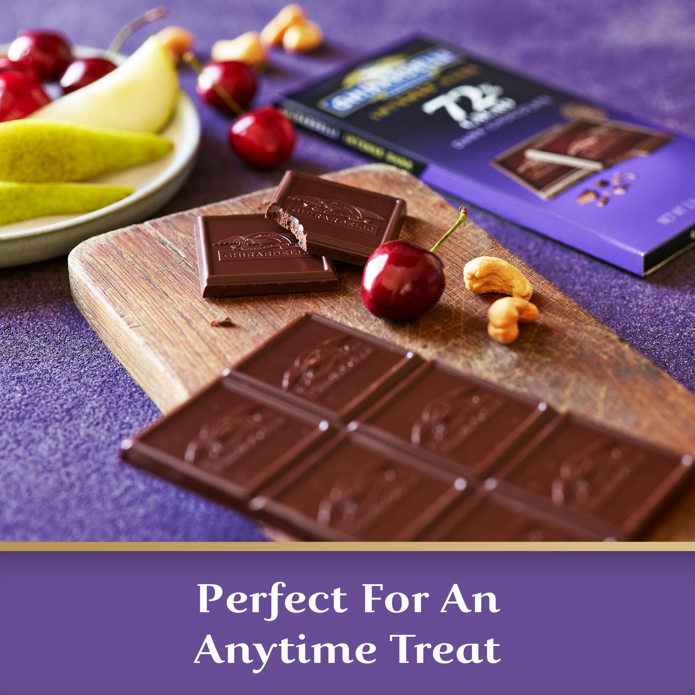 Ghirardelli Intense Dark 72% cocoa underpins the rich melt and flavor