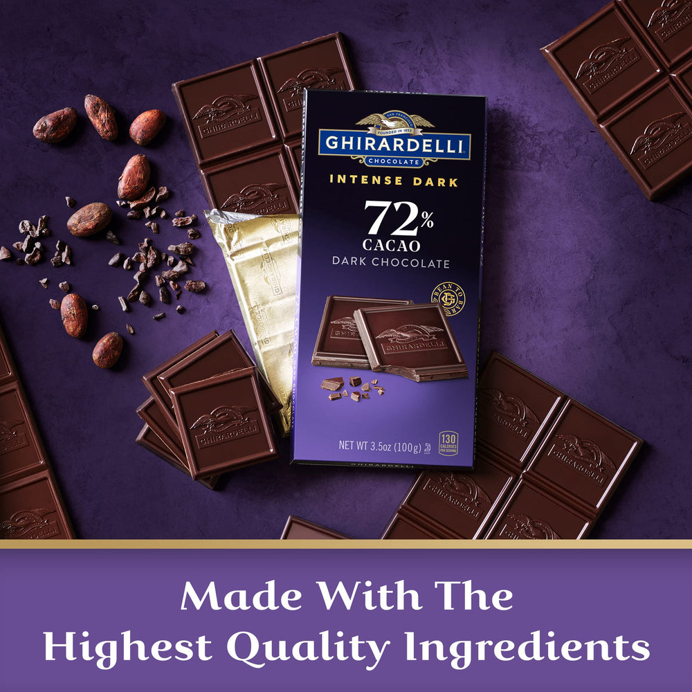 Ghirardelli Intense Dark 72% bar breaks into squares for easy portioning