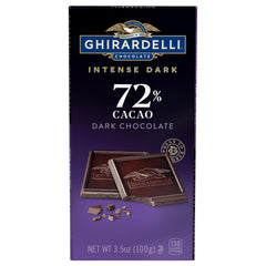 Ghirardelli Intense Dark 72% cacao bar in packaging highlights premium indulgence