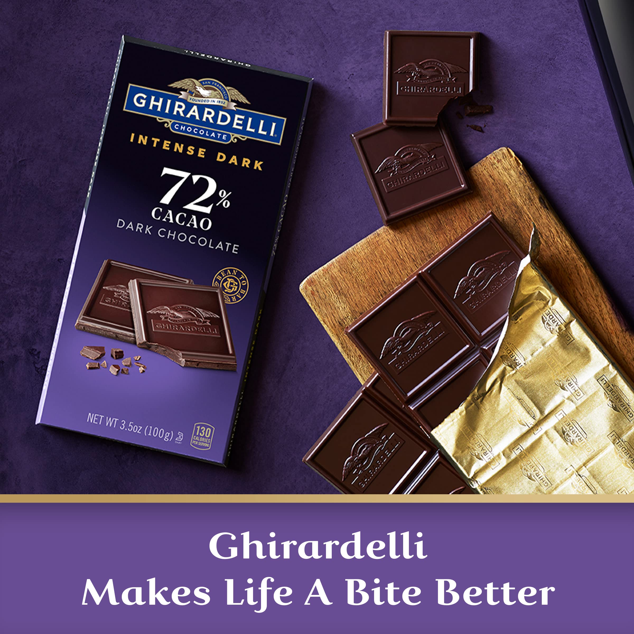 Ghirardelli Intense Dark 72% bar delivers a smooth, slow-melting experience