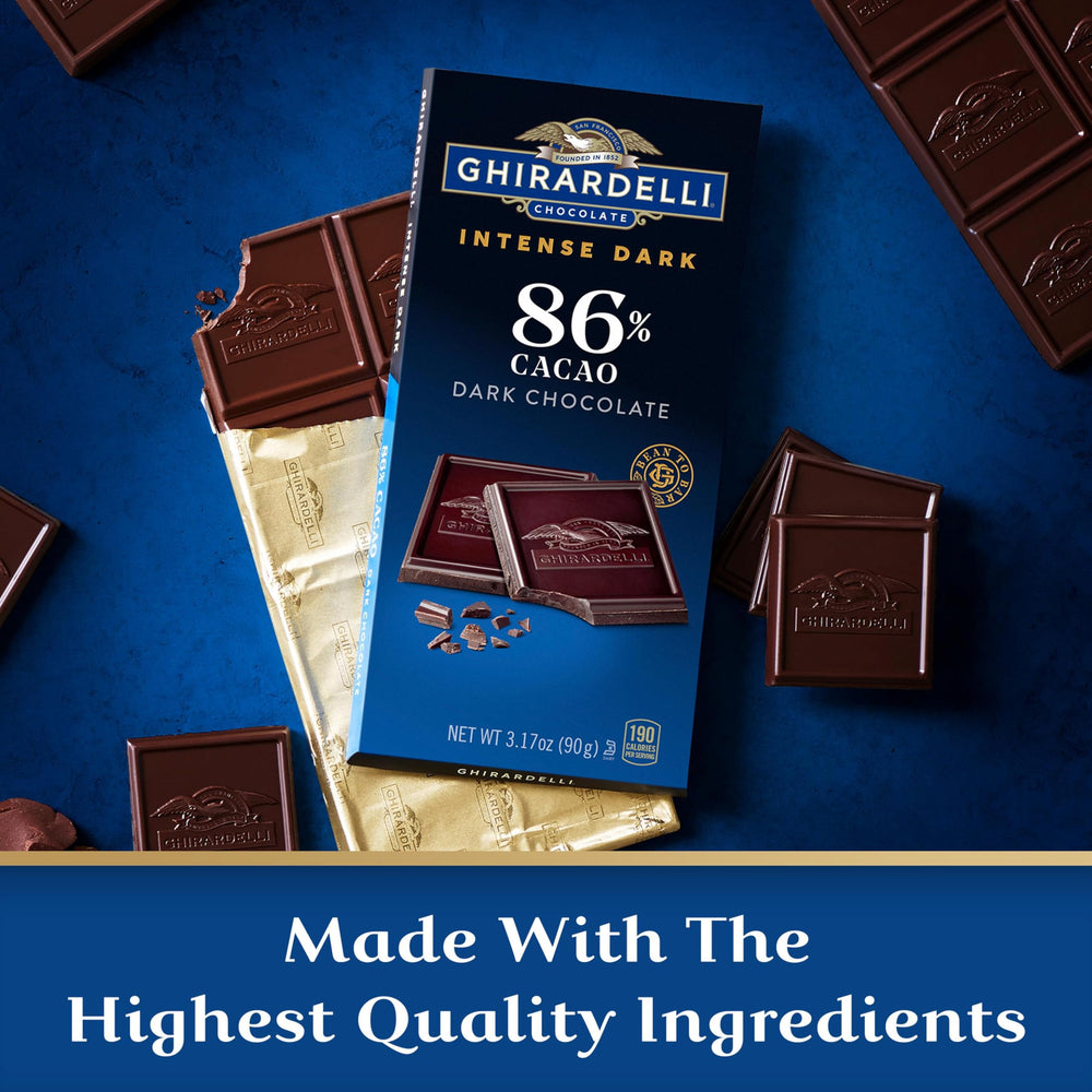 Ghirardelli Intense Dark 86% melt texture close-up, showcasing smooth, slow-dissolving chocolate.