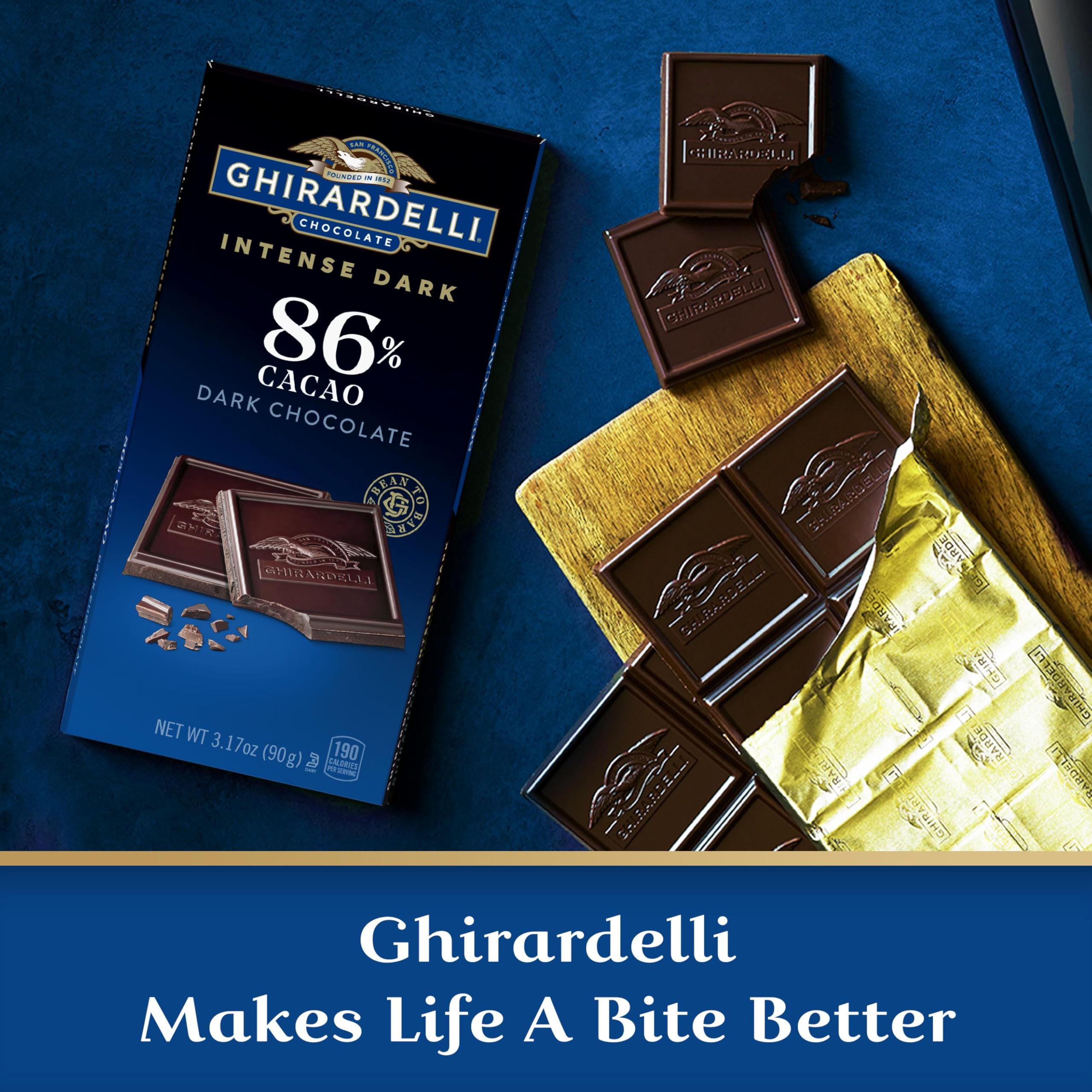 Ghirardelli Intense Dark 86% kosher-certified bar, suitable for kosher snack occasions.