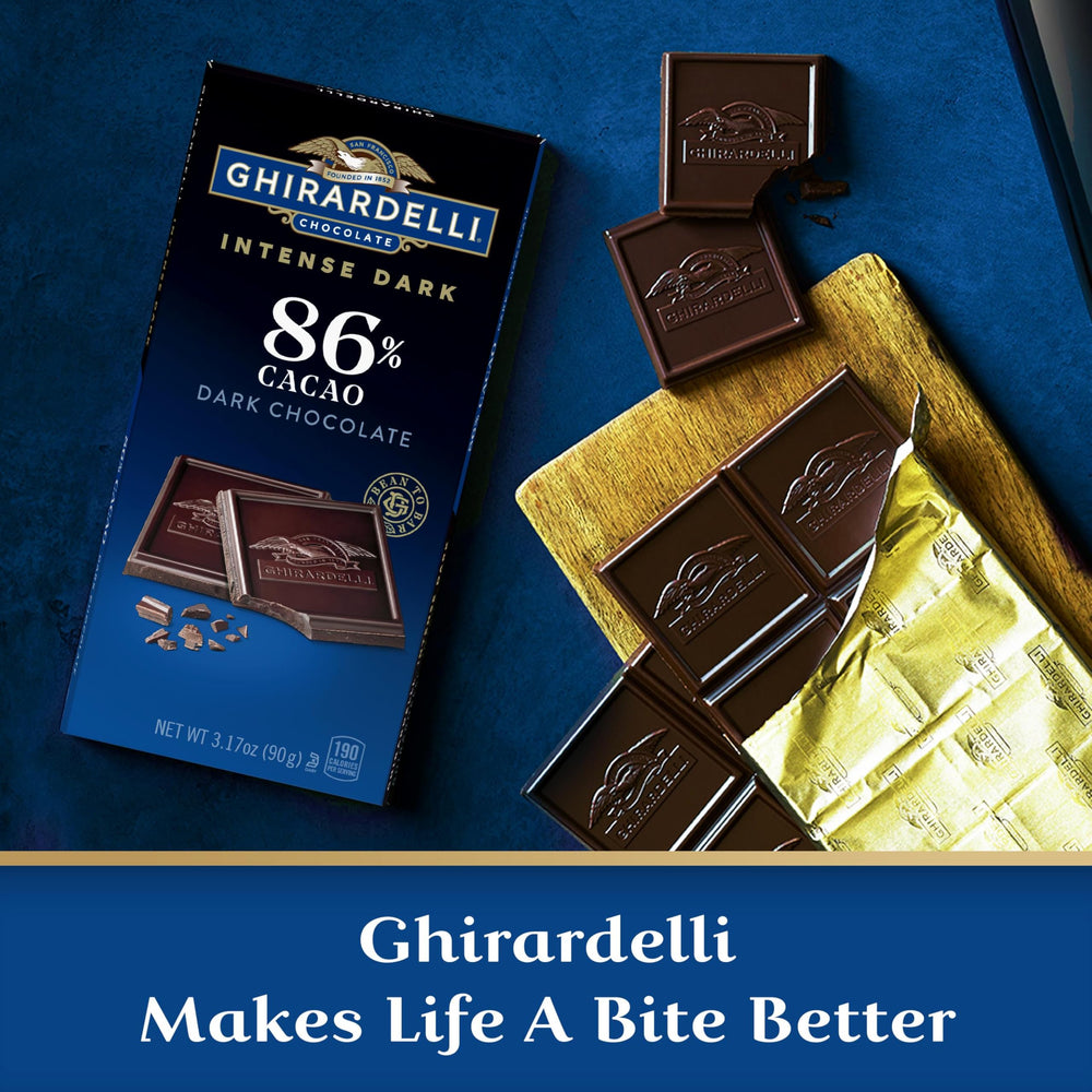 Ghirardelli Intense Dark 86% kosher-certified bar, suitable for kosher snack occasions.