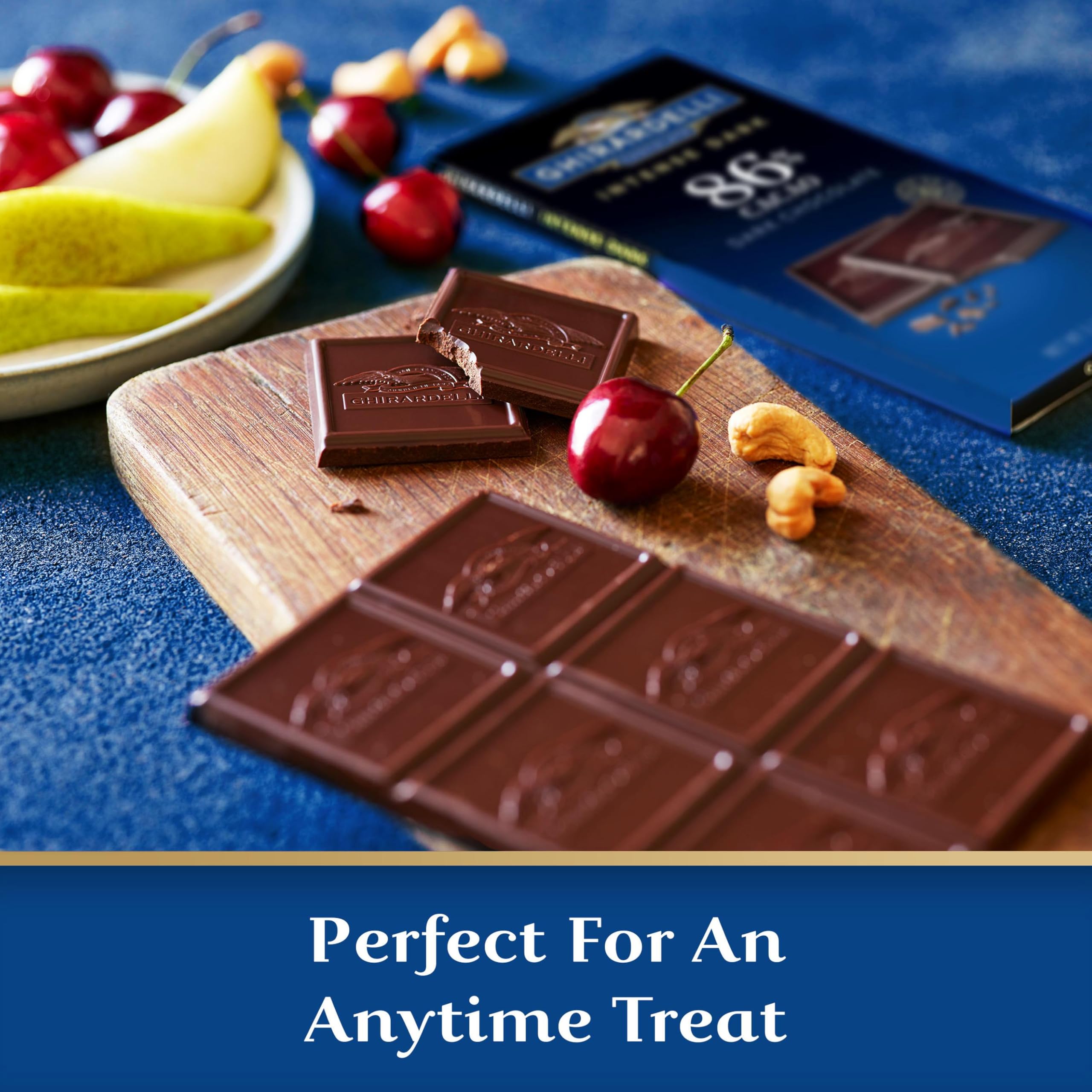 Ghirardelli Intense Dark 86% bar with espresso pairing option for a refined break.