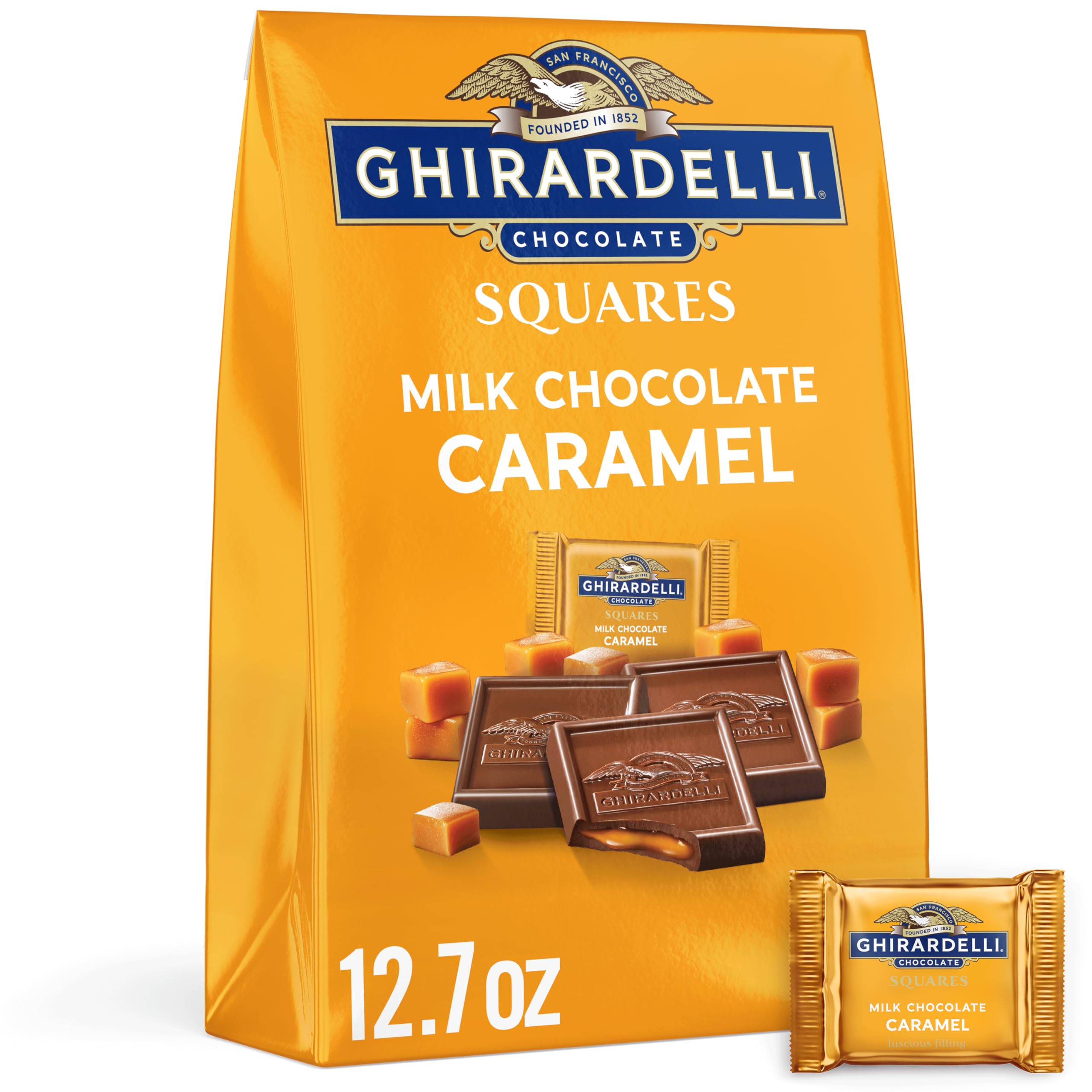 Ghirardelli Milk Chocolate Caramel Squares bag shown for sharing and gifting