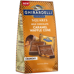 Ghirardelli Milk Chocolate Caramel Waffle Cone Squares packaging shows premium indulgence.