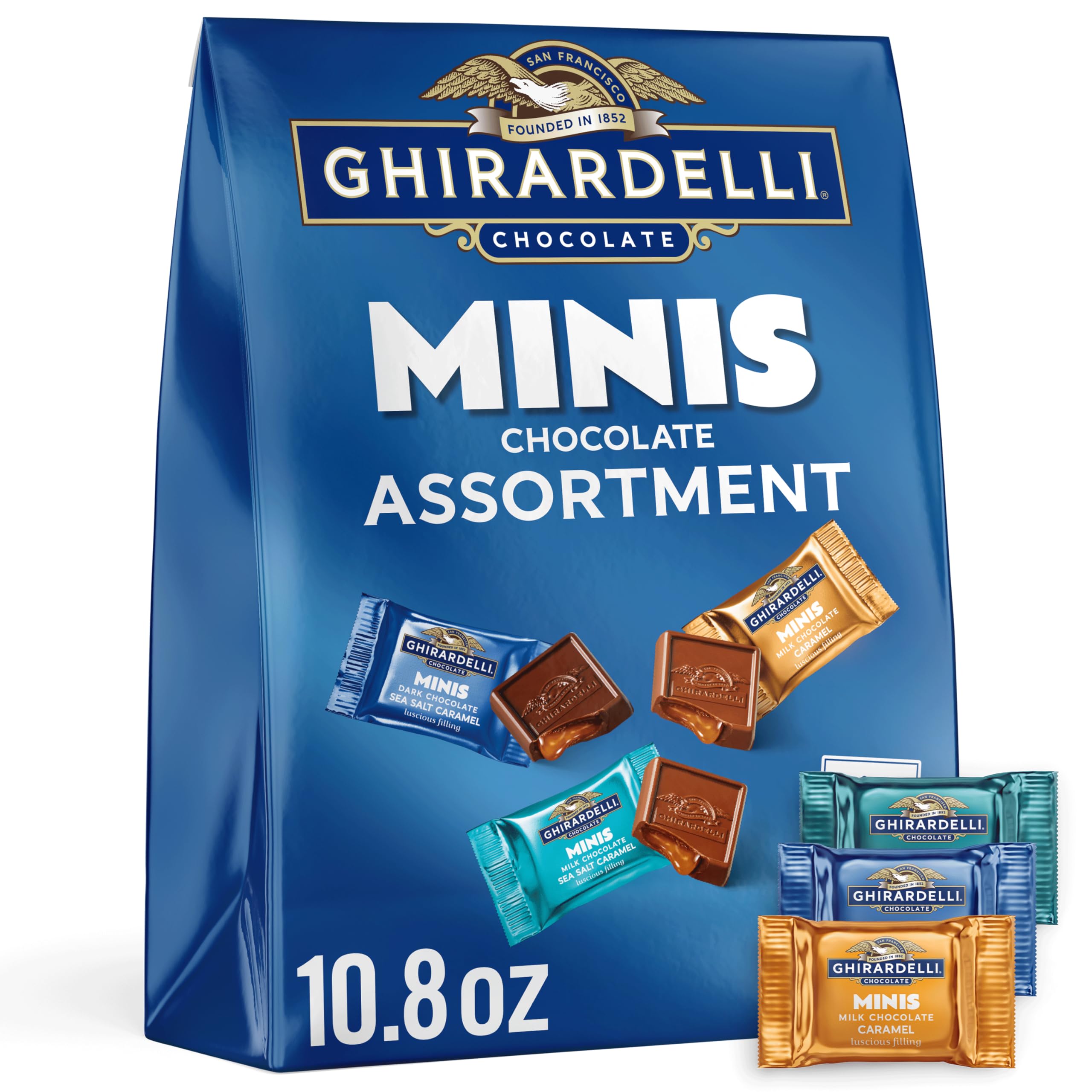 GHIRARDELLI Minis dark chocolate sea salt caramel, bold chocolate with salted caramel.
