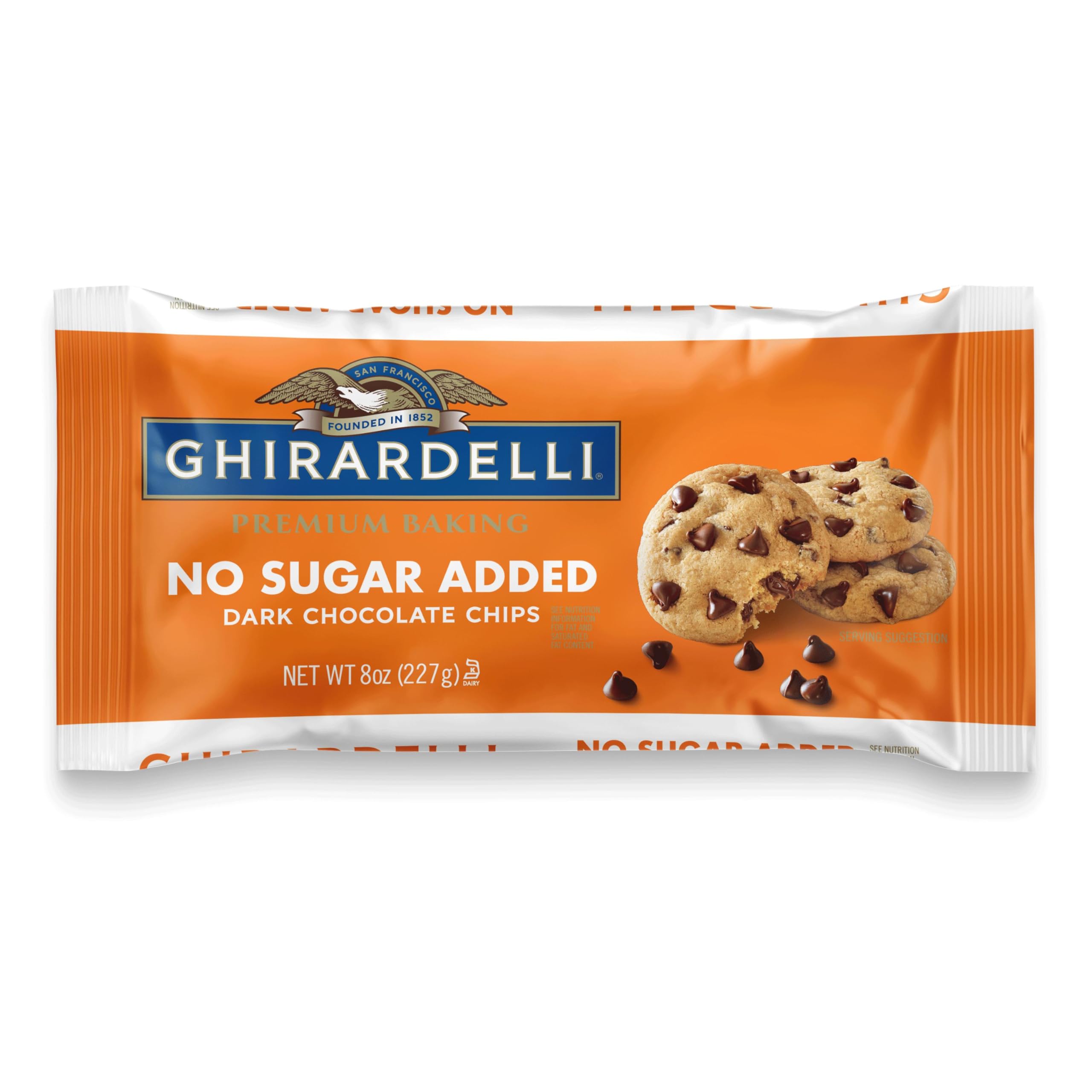 Ghirardelli No Sugar Added Dark Chocolate Chips bag front for mindful baking