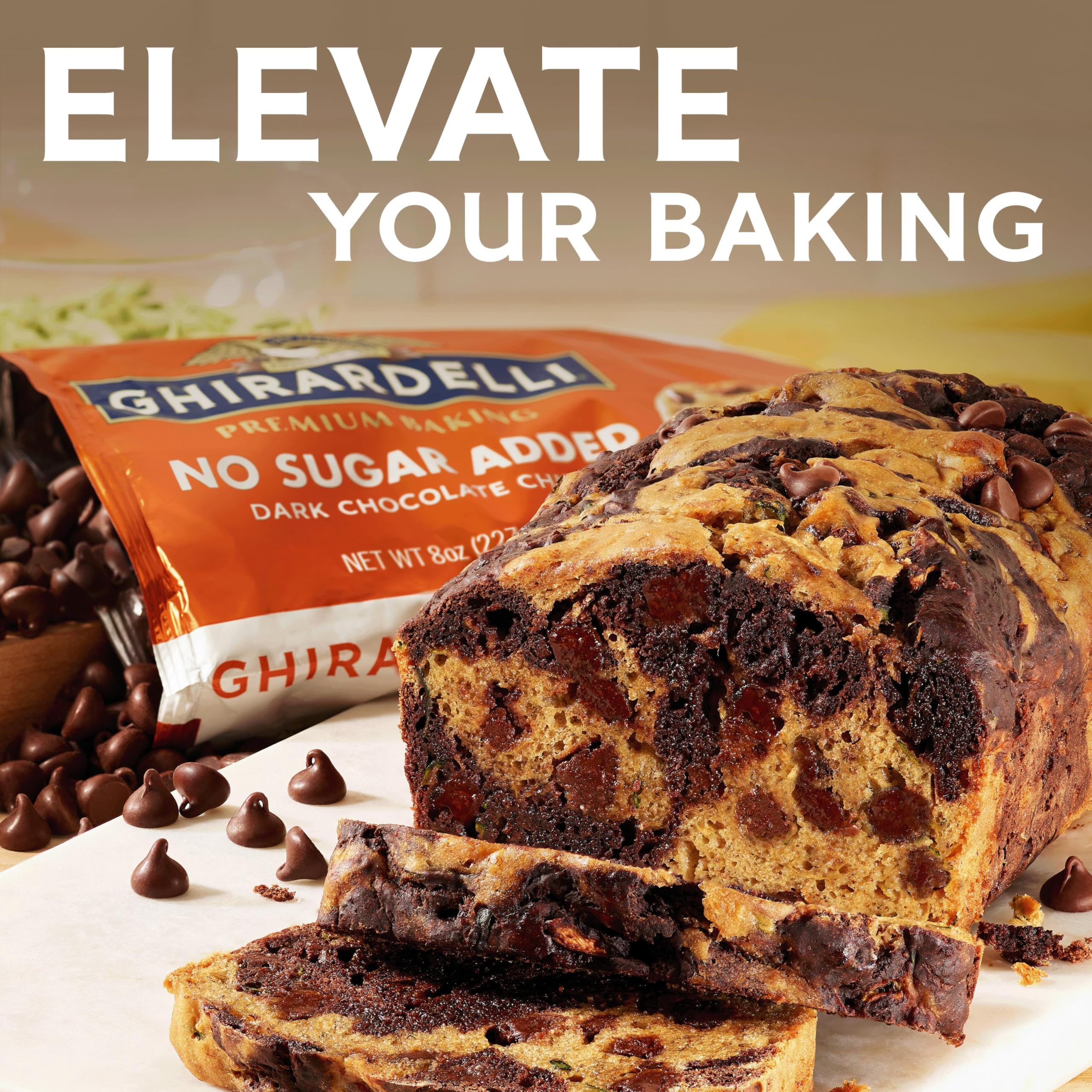 Ghirardelli No Sugar Added chips atop brownies, highlighting deep cocoa flavor