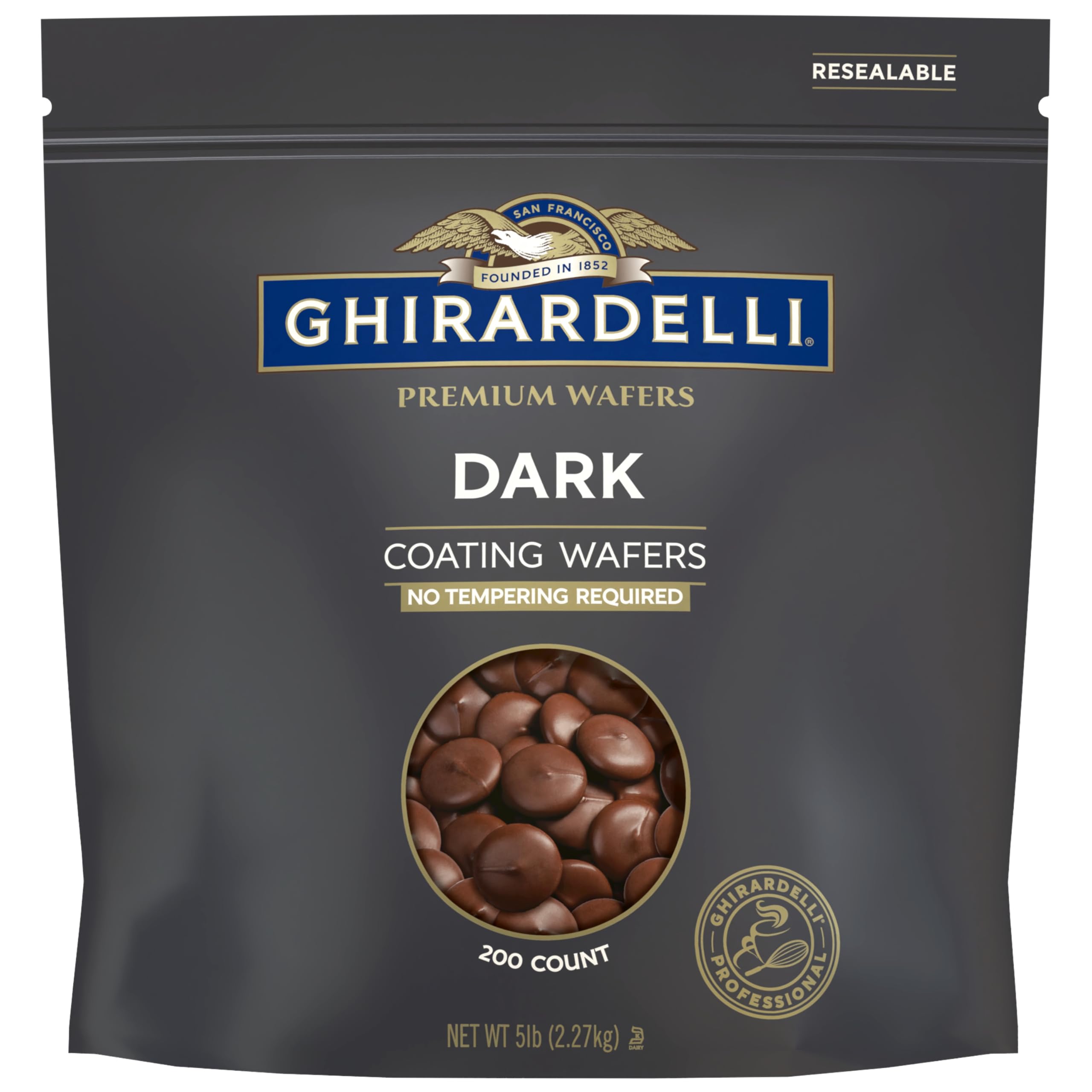 Ghirardelli Premium Dark Coating Wafers in a resealable bag for convenient use.