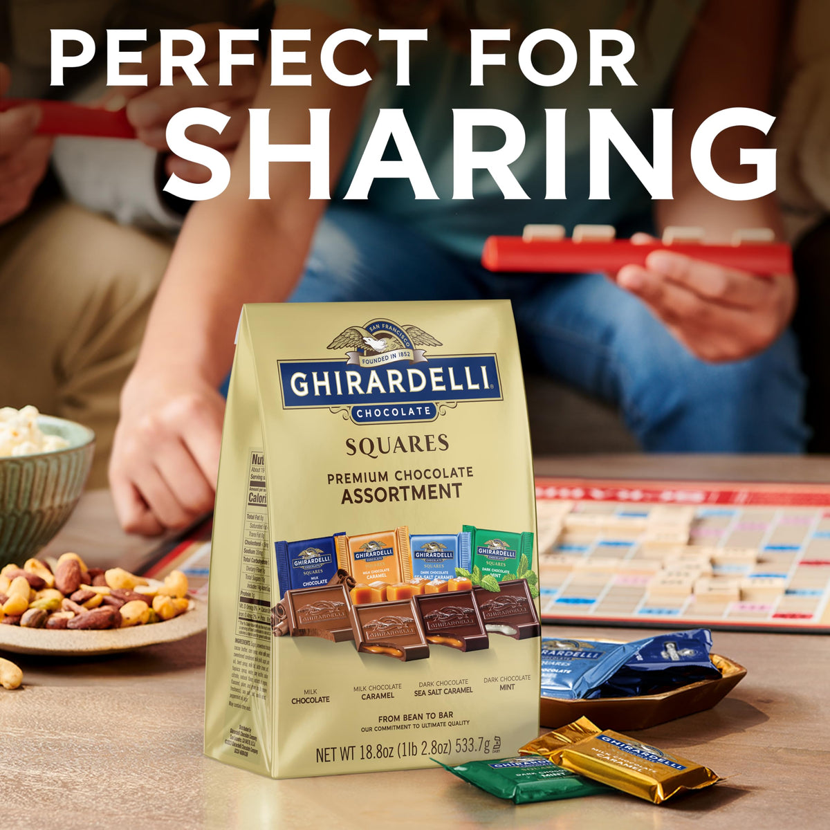 Ghirardelli Premium Squares bag front, ideal for gifting.