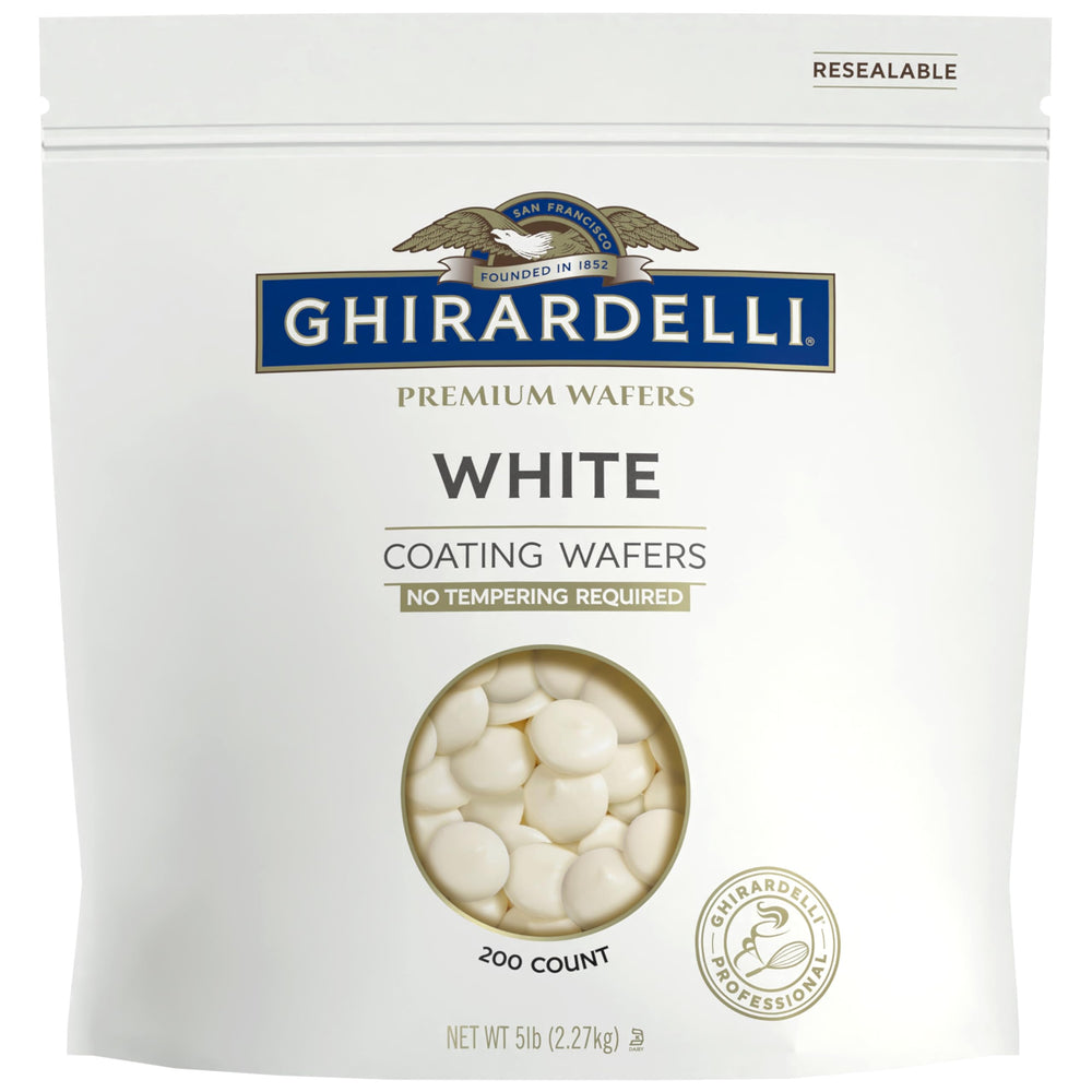 Ghirardelli premium white coating wafers in a resealable 5lb bag for steady production.