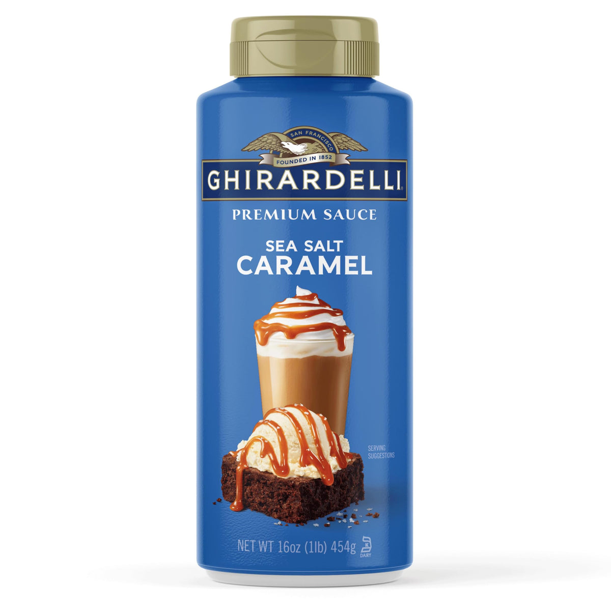 Ghirardelli Sea Salt Caramel bottle for easy, even drizzle on desserts.