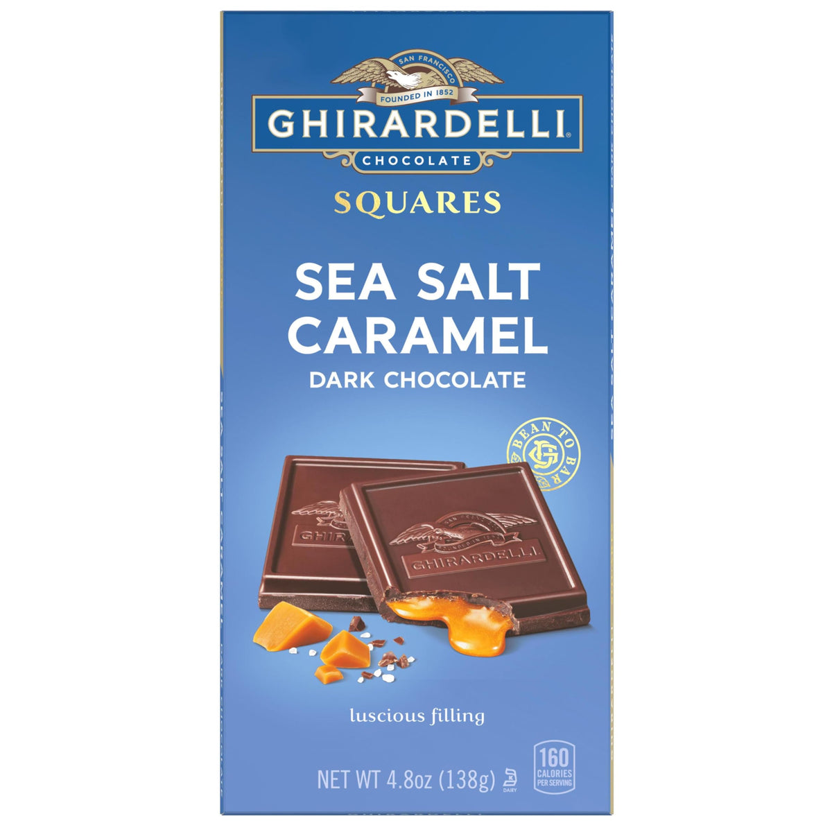 GHIRARDELLI sea salt caramel square closeup highlighting silky caramel balance