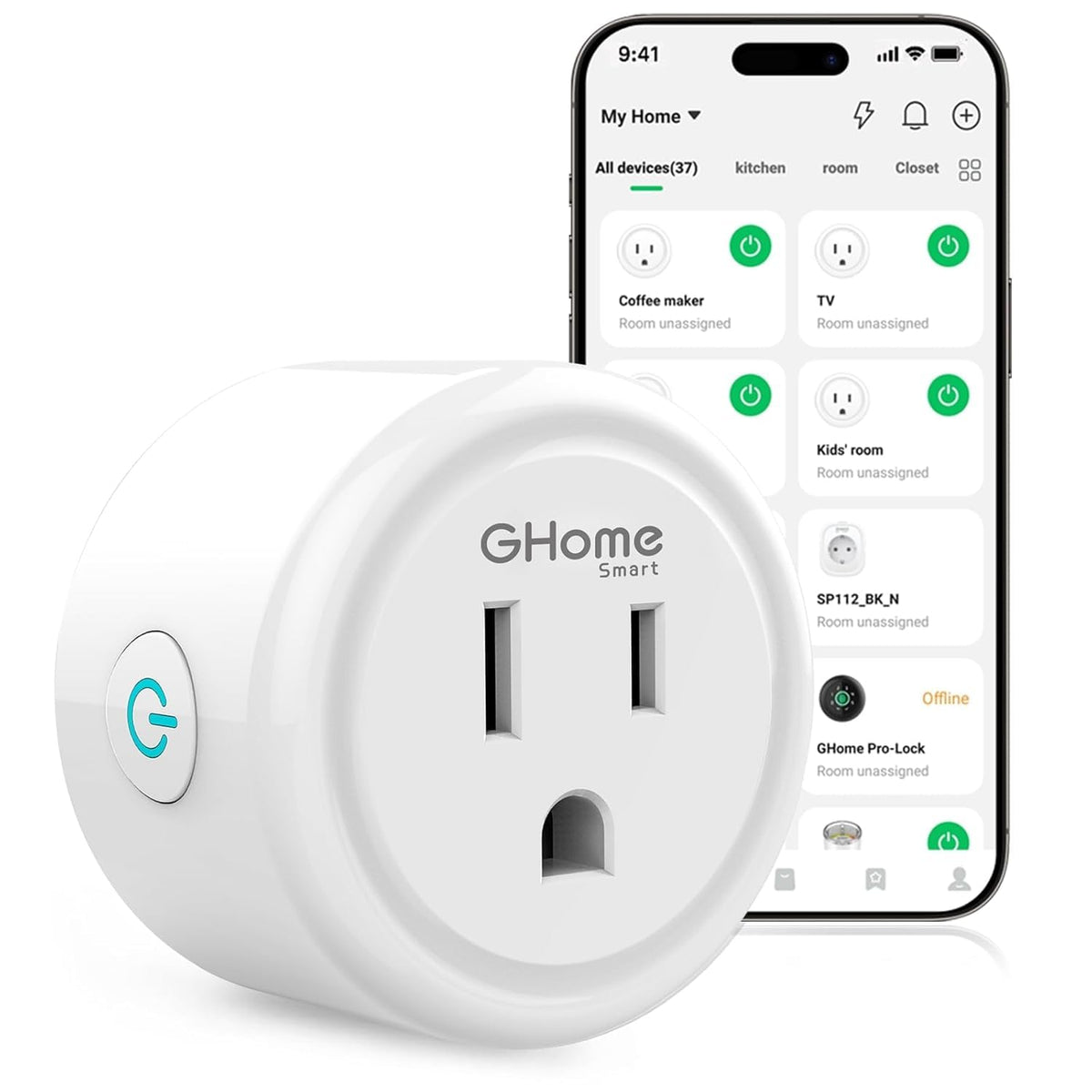 GHome Smart Plug with a compact design fits tight outlets and reduces clutter.
