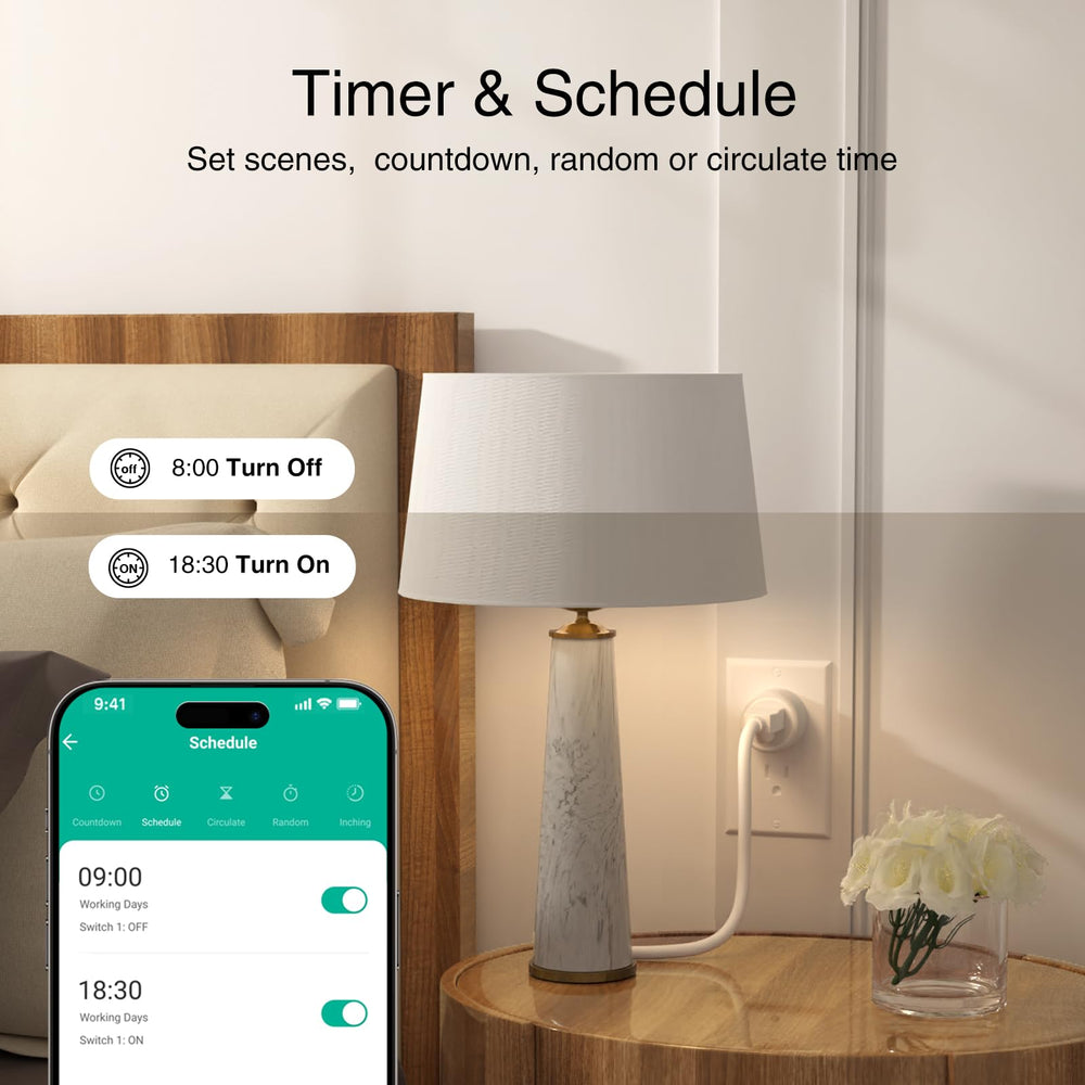 GHome Smart Plug scheduling interface highlights timers and automatic on/off for energy savings.